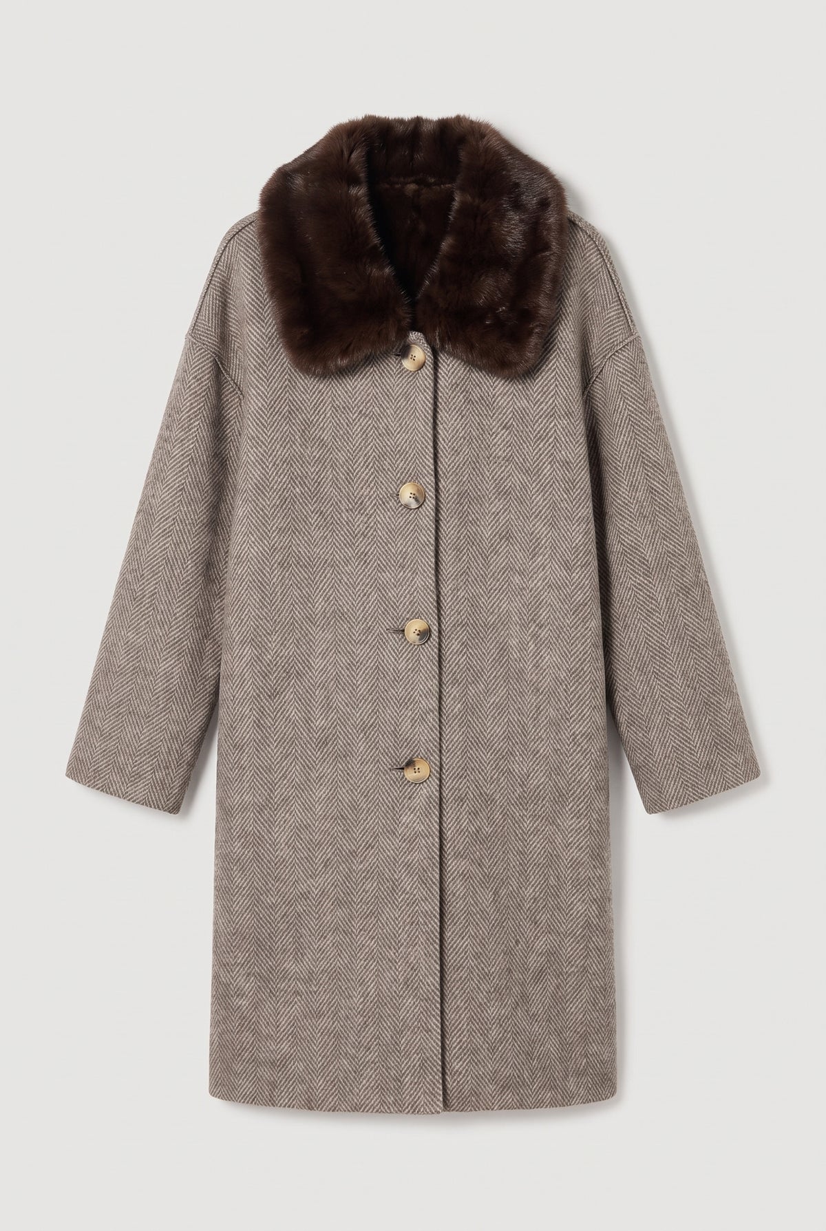 Knit Coat with Faux-Fur Collar - Chocolate - flat lay (herringbone side)