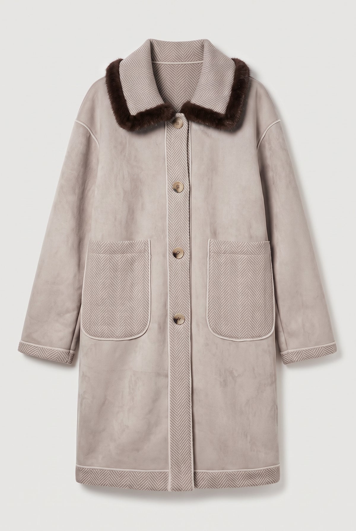 Knit Coat with Faux-Fur Collar - Chocolate - flat lay (faux-suede side)