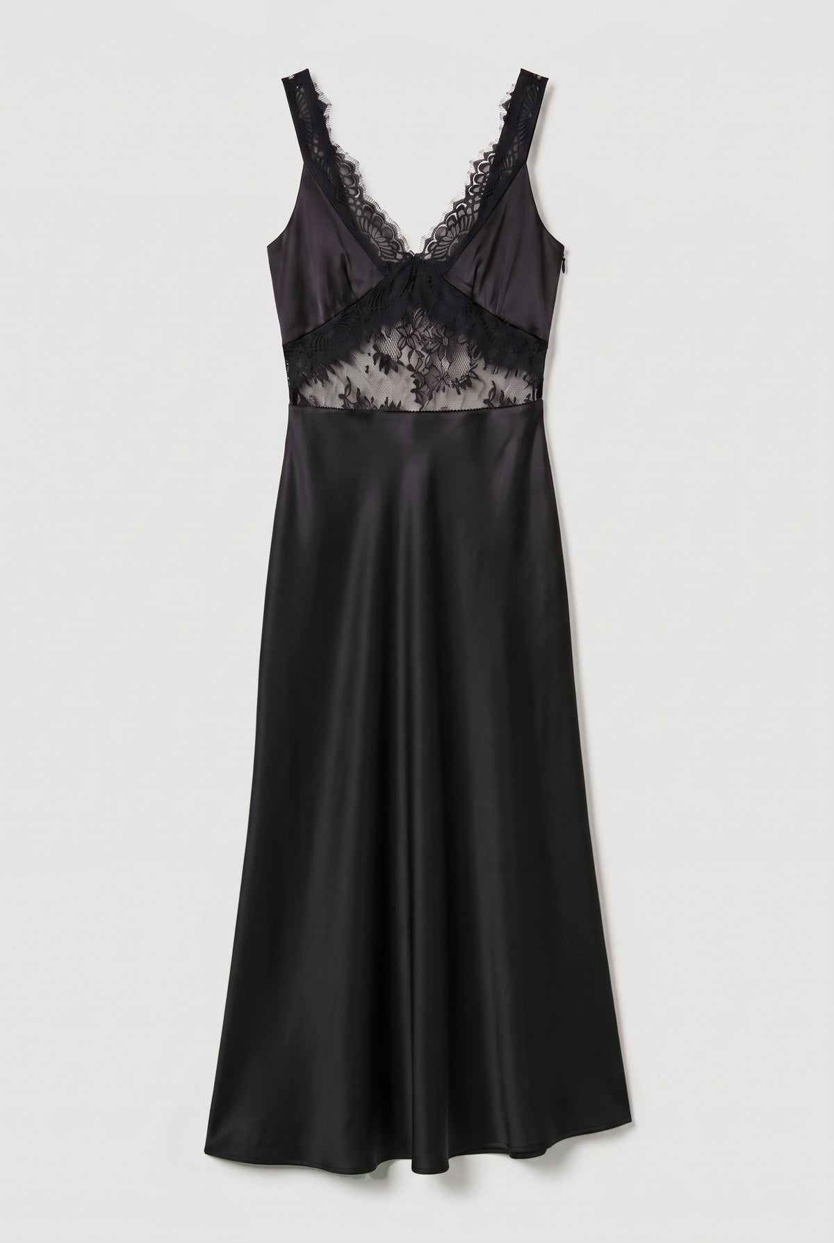 Lace-Panel Satin Maxi Dress - Black - flat lay