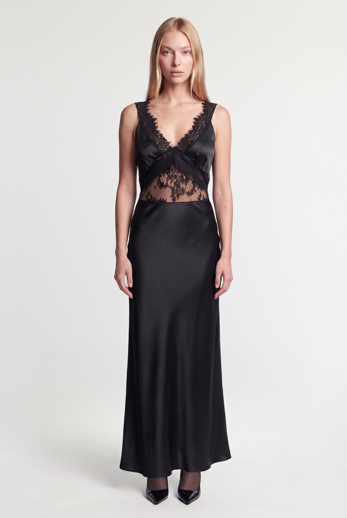 Lace-Panel Satin Maxi Dress - Black - front view