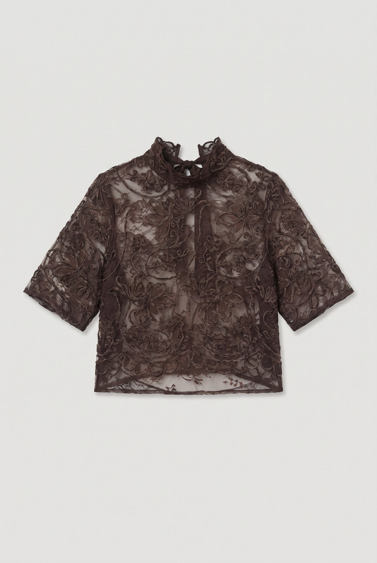 Lace Tie-Back Top - Dark Brown - flat lay