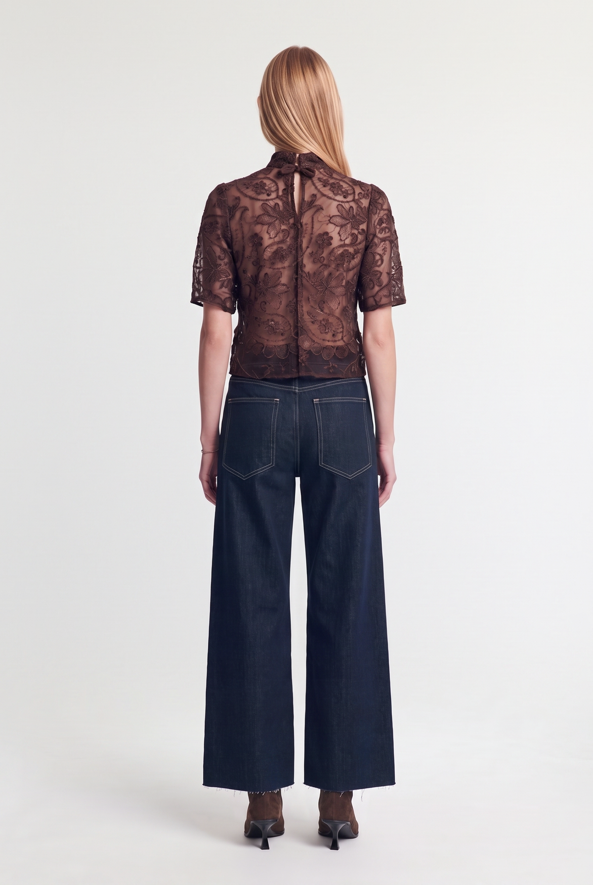 Lace Tie-Back Top - Dark Brown - back view