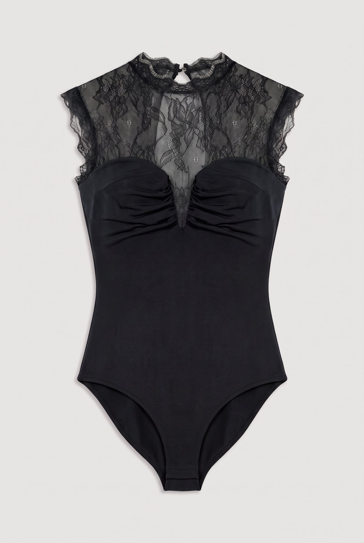 Lace-Yoke Ruched Bodysuit - Black - flat lay
