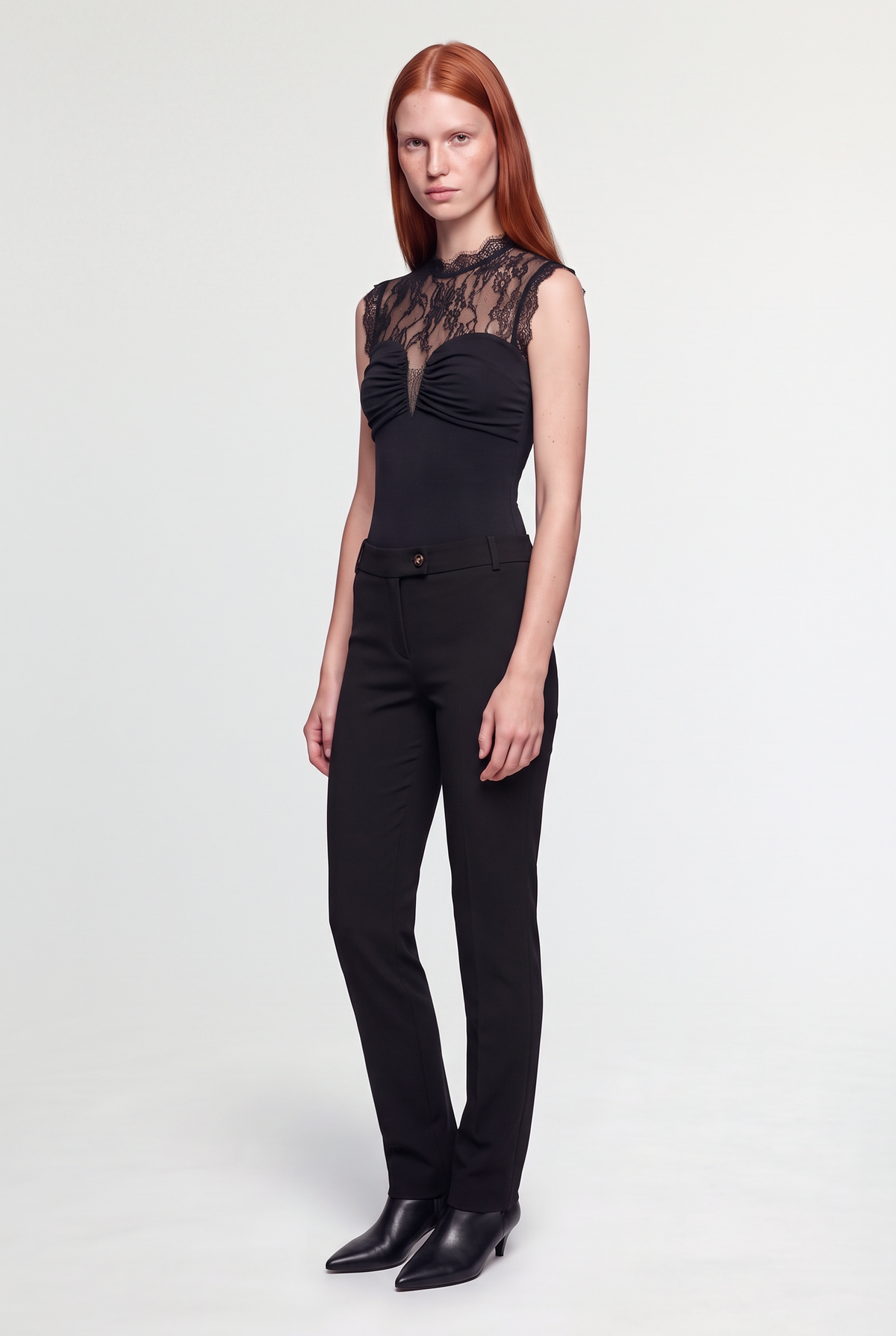 Lace-Yoke Ruched Bodysuit - Black - front view
