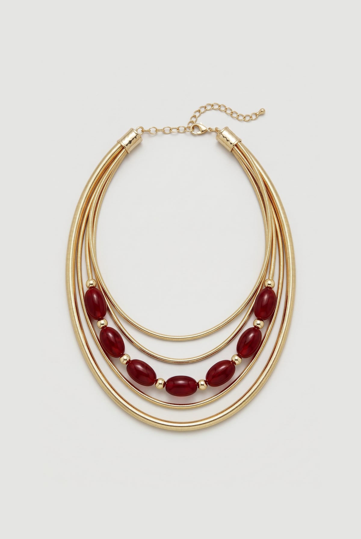 Layered cable necklace with red beads - Gold + red - still