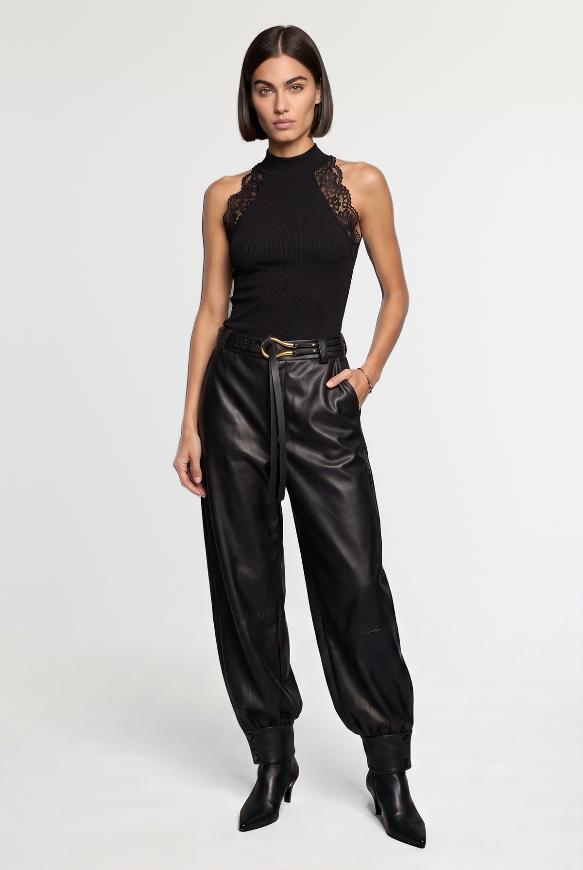 Leather Cuffed Pants - Black - front view