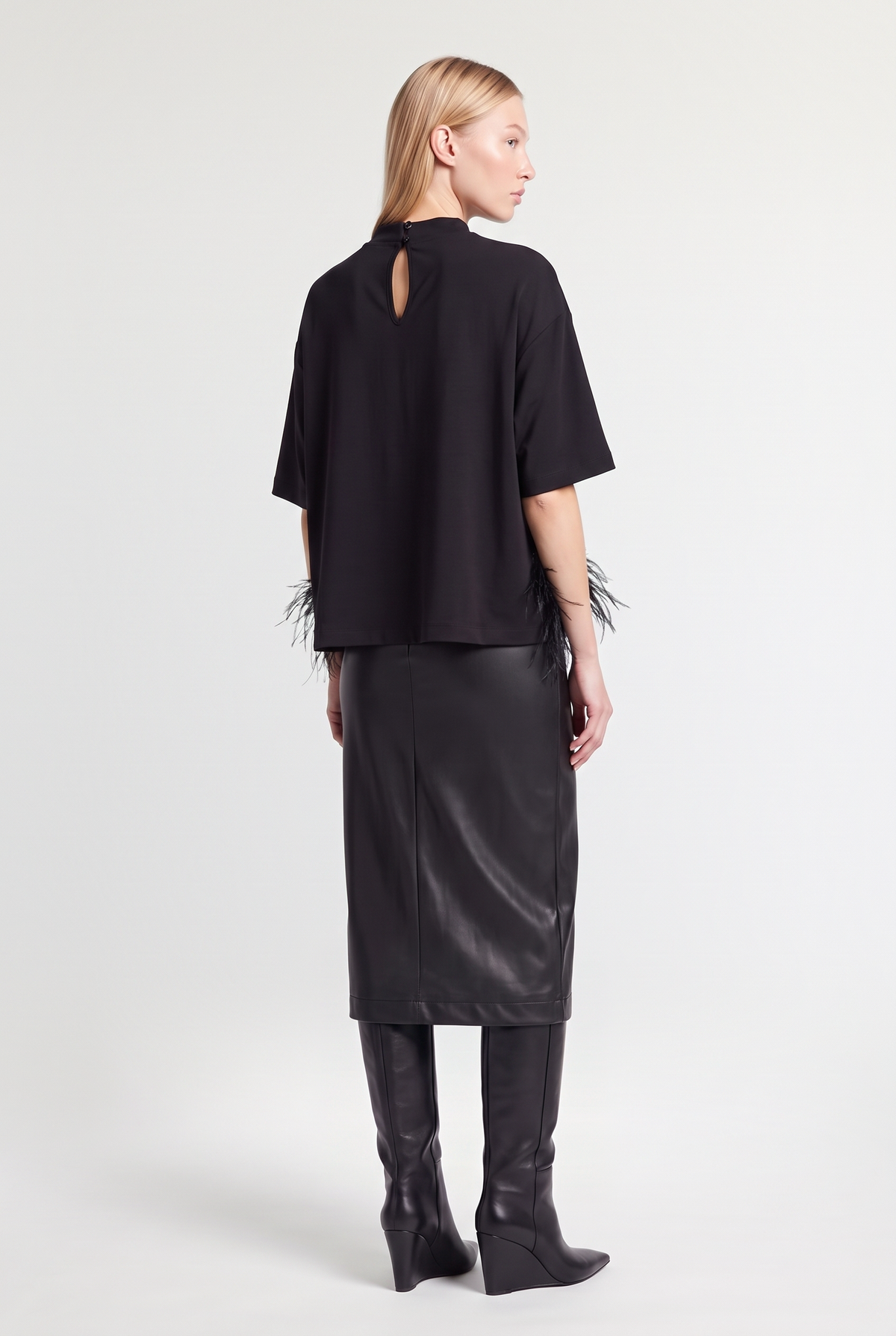 Leather Front-Slit Midi Skirt - Black - styled look, back view