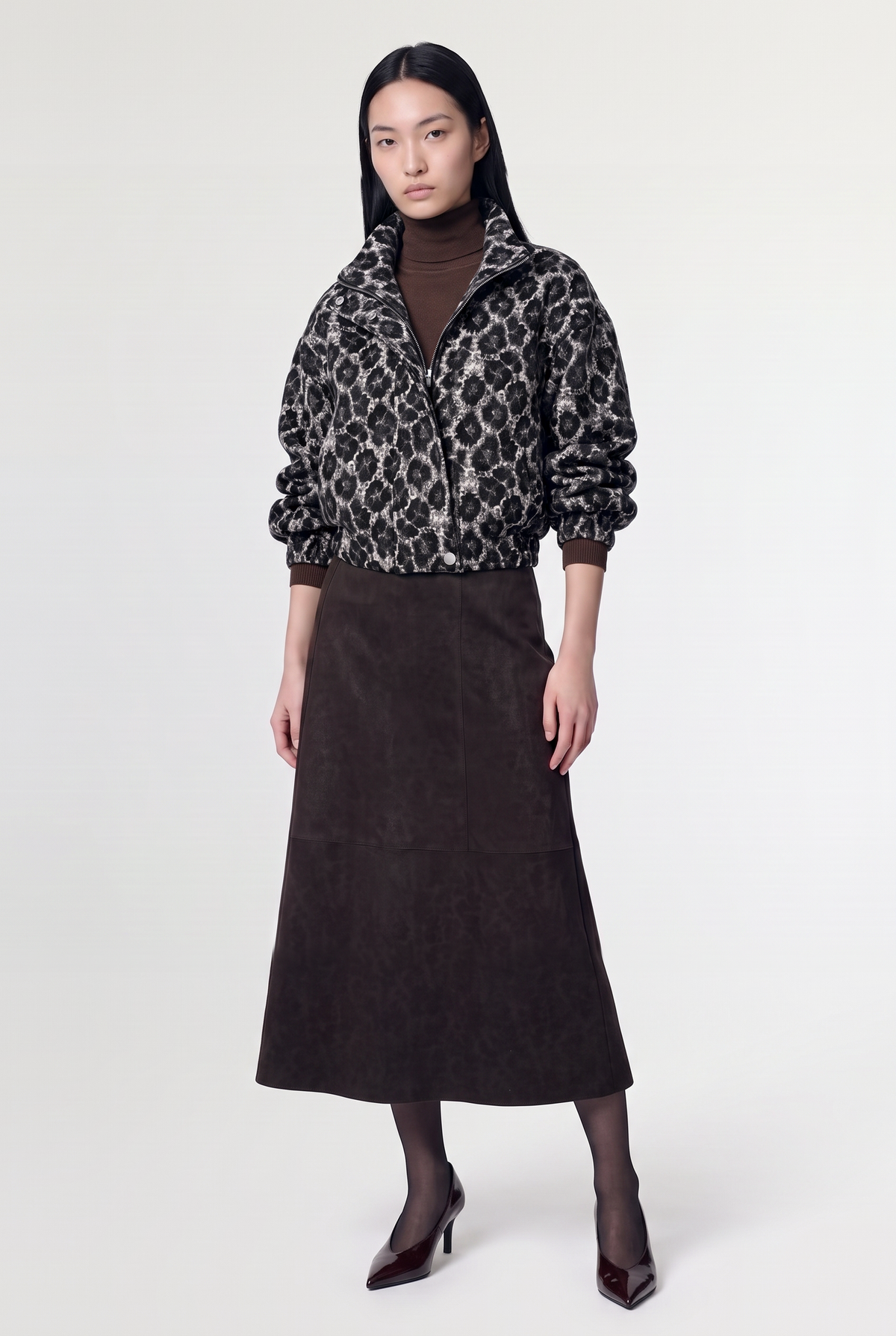 Leopard-Pattern Funnel-Neck Bomber - Leopard - front view