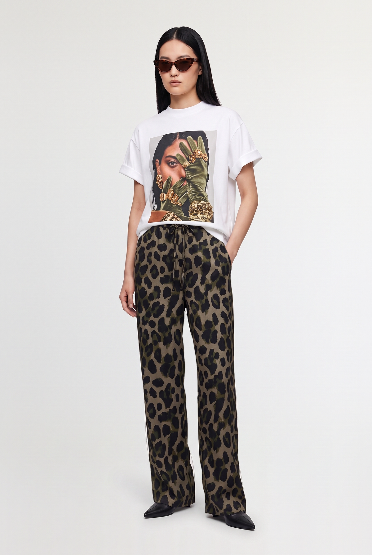 Leopard Print Drawstring Trousers - Leopard - front view