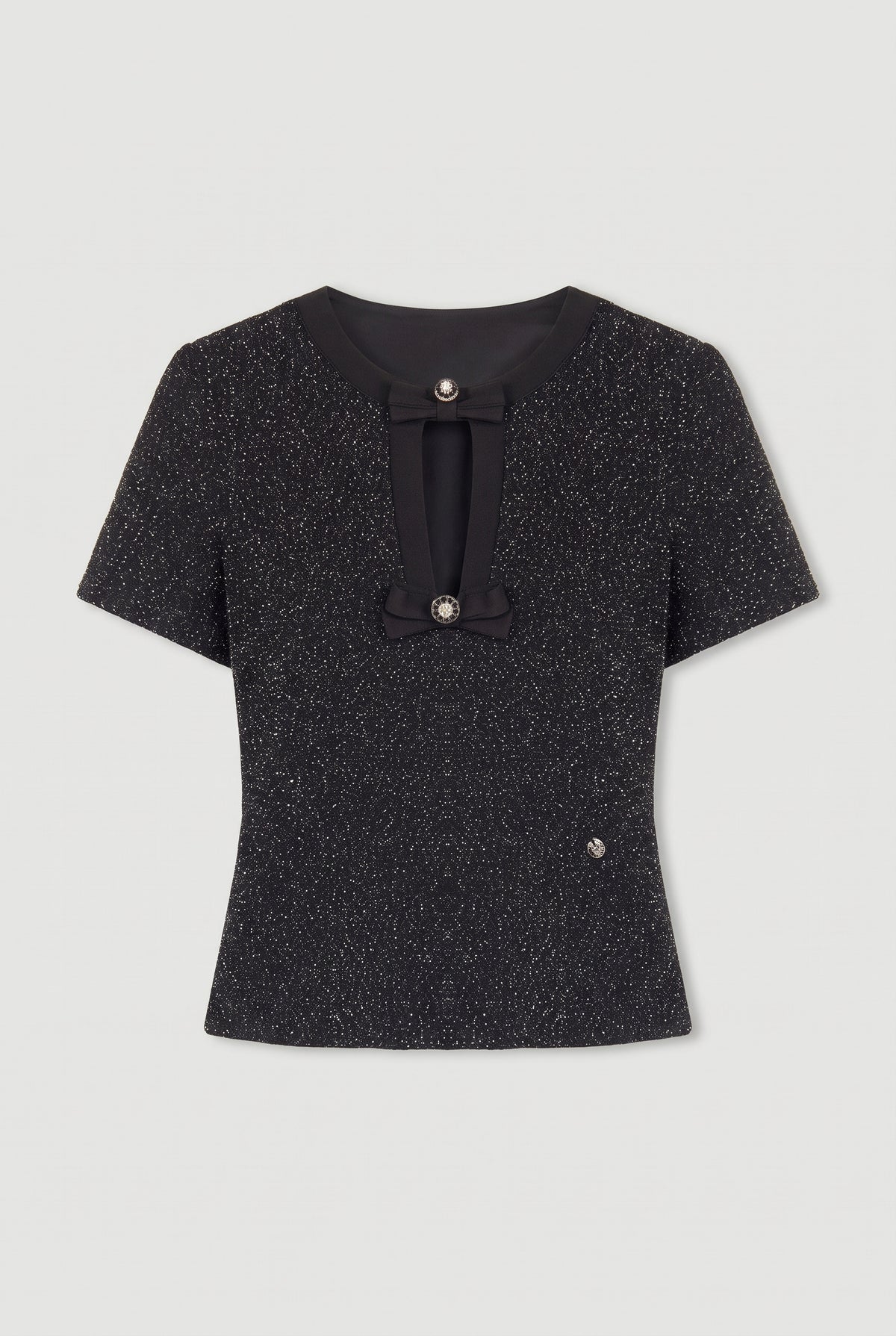 Lurex Keyhole Short-Sleeve Top - Black - flat lay