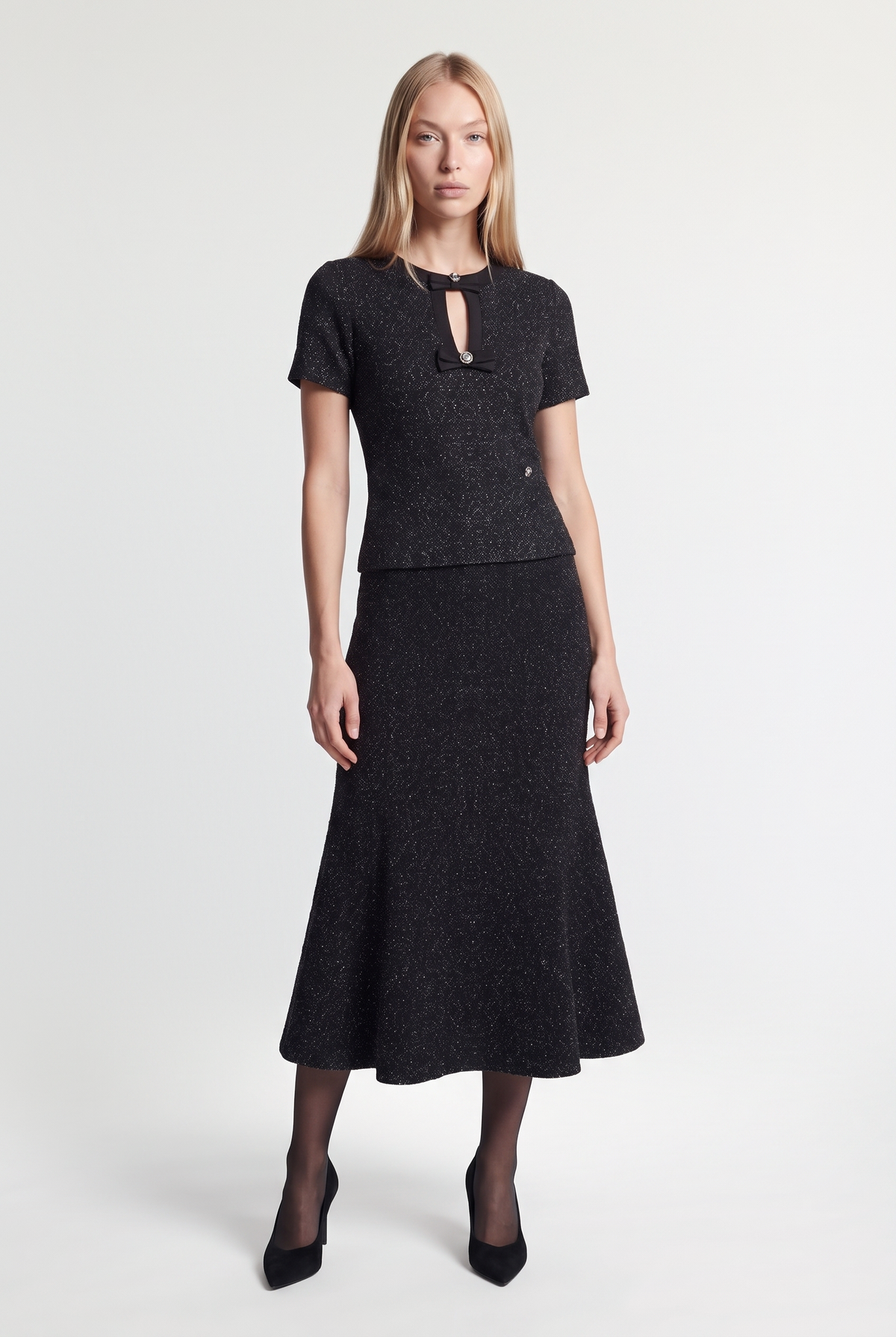Lurex Keyhole Short-Sleeve Top - Black - front view, worn with 131788003 Lurex Knit Flared Midi Skirt