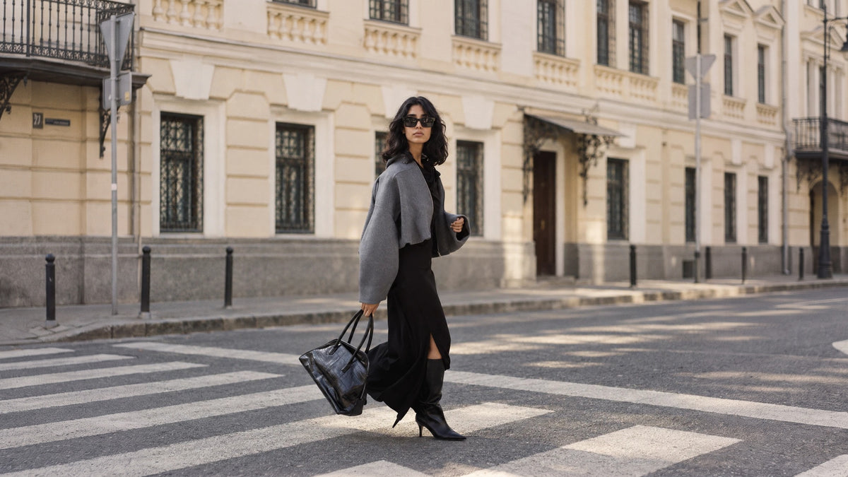 Model in a grey cropped jacket, black skirt and black boots crossing a city street