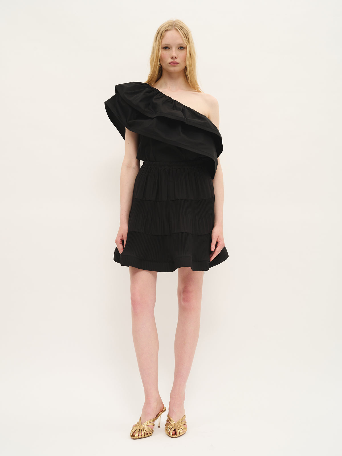 One-Shoulder Ruffle Top in Black Cotton - Maska