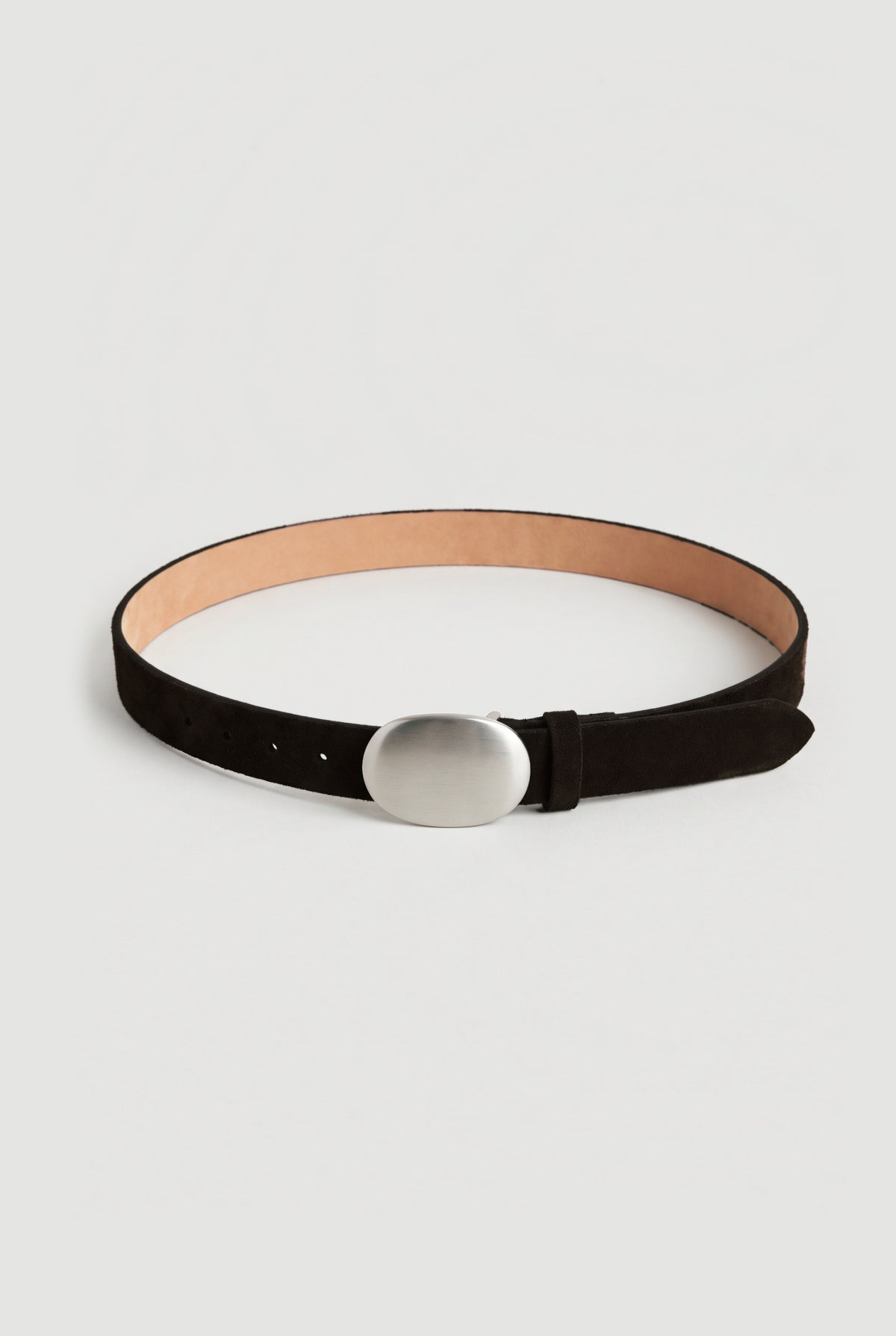 Oval-Plate Buckle Suede Belt - Brown - flat lay