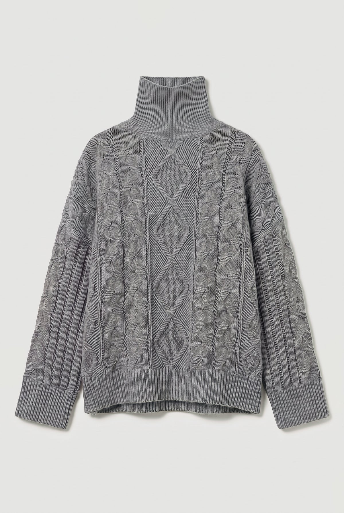Oversized Cable-Knit Turtleneck Sweater - Grey - flat lay