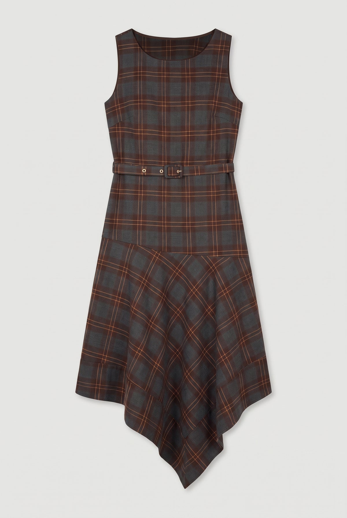 Plaid Asymmetric Hem Dress - Brown - flat lay