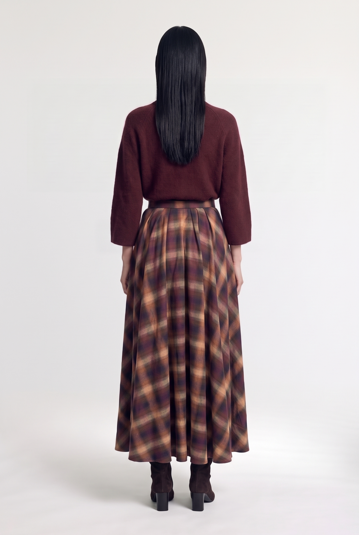 Plaid Pleated Midi Skirt - Burgundy - back view