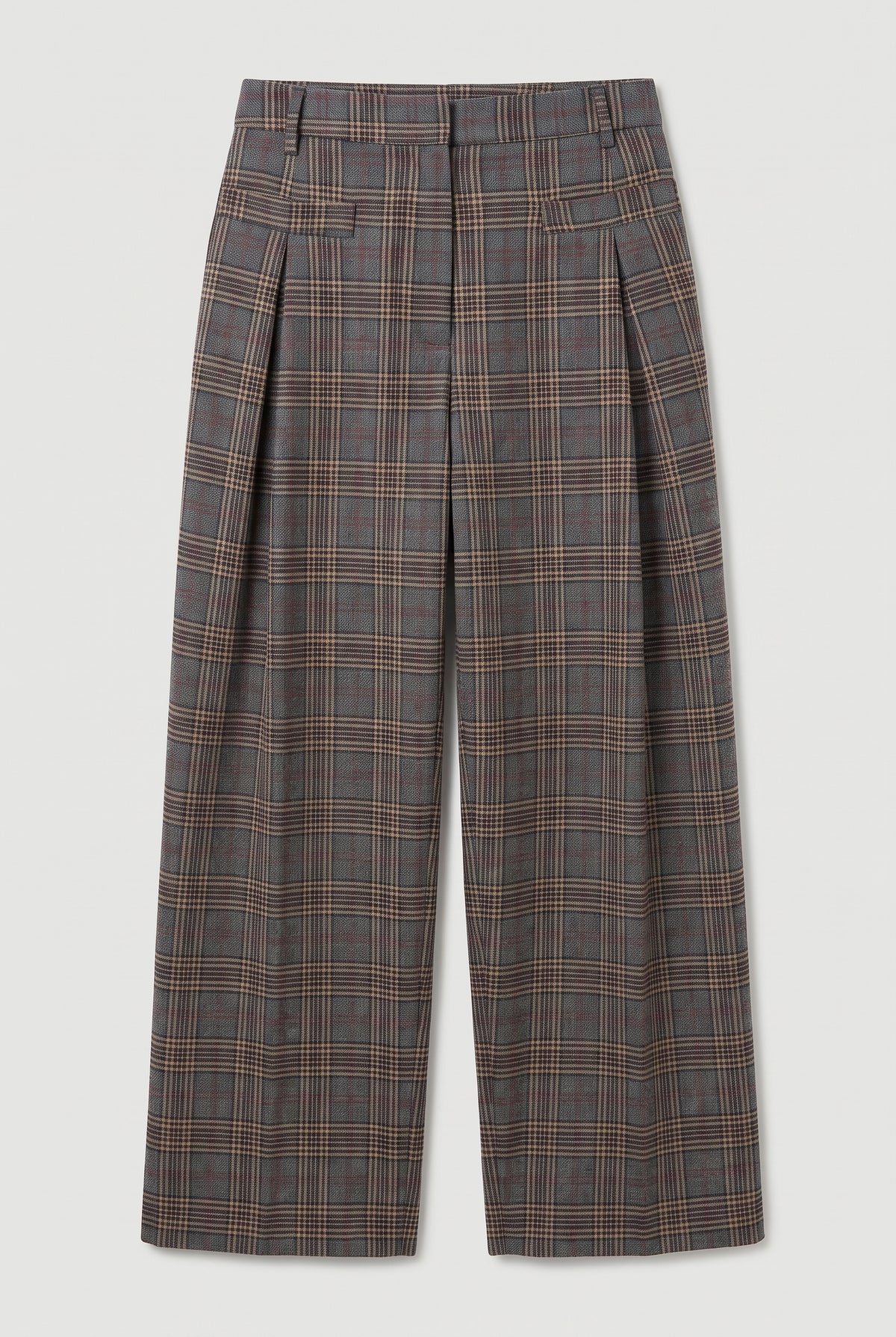 Plaid Pleated Wide-Leg Pants - Grey/Camel - flat lay