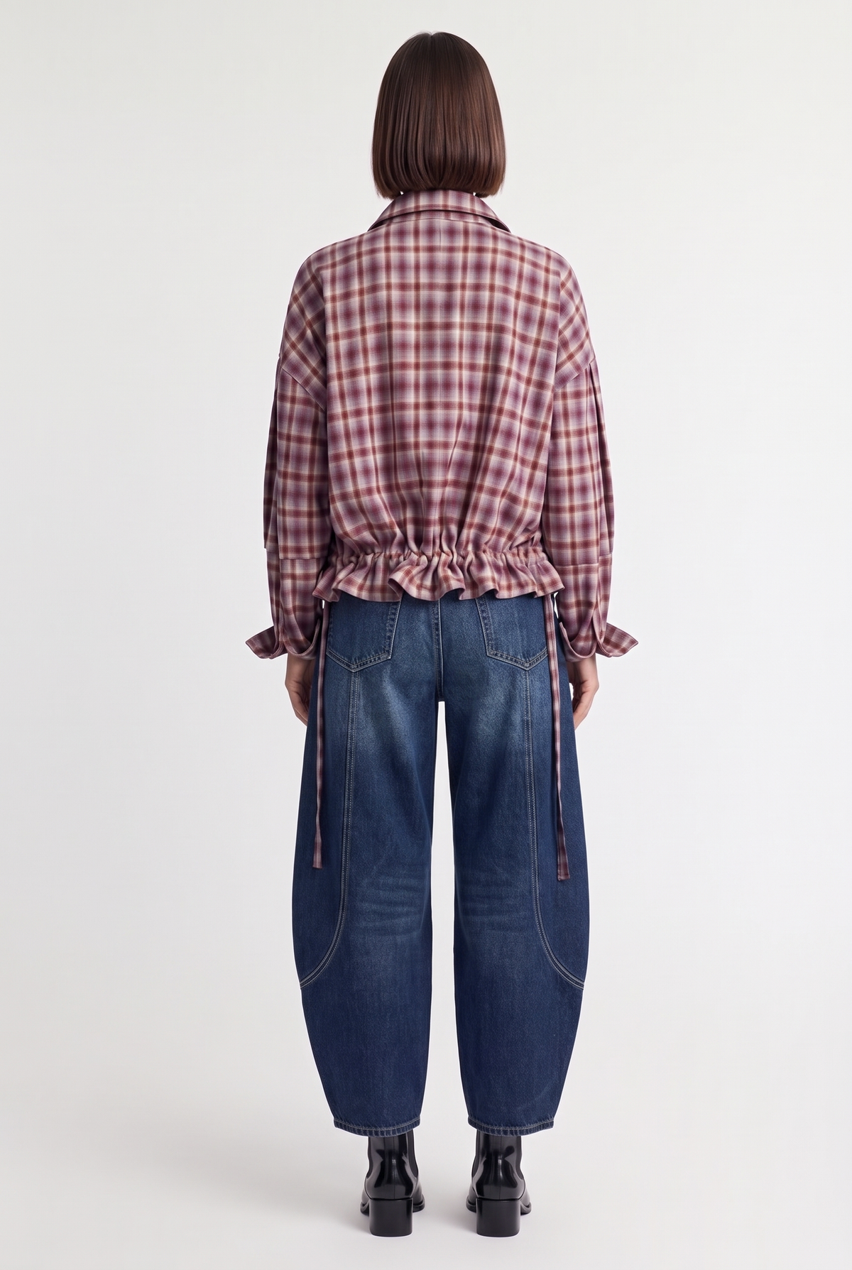 Plaid Utility Tie-Back Shirt - Rust/Light Blue - back view