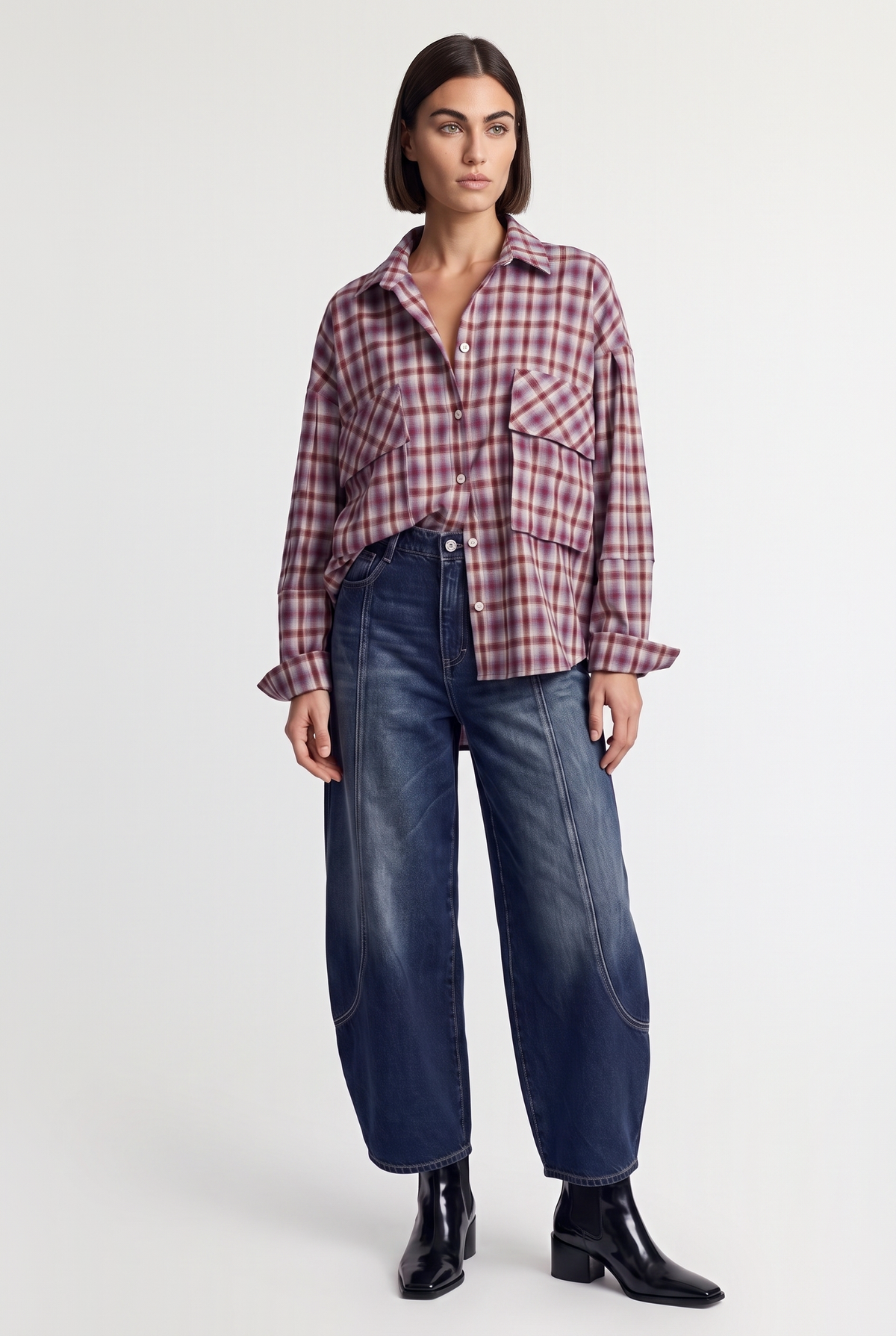 Plaid Utility Tie-Back Shirt - Rust/Light Blue - front view