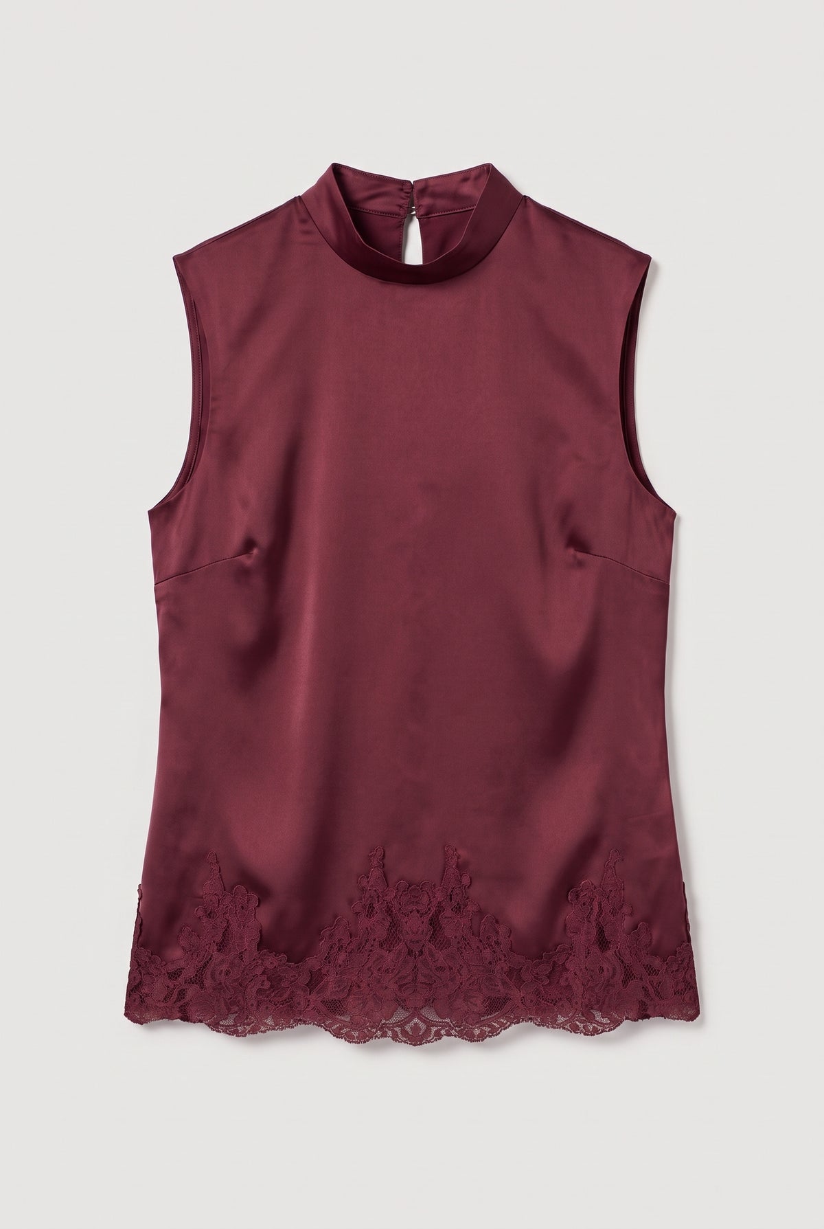 Satin Mock-Neck Top with Lace Hem - Bordeaux - flat lay