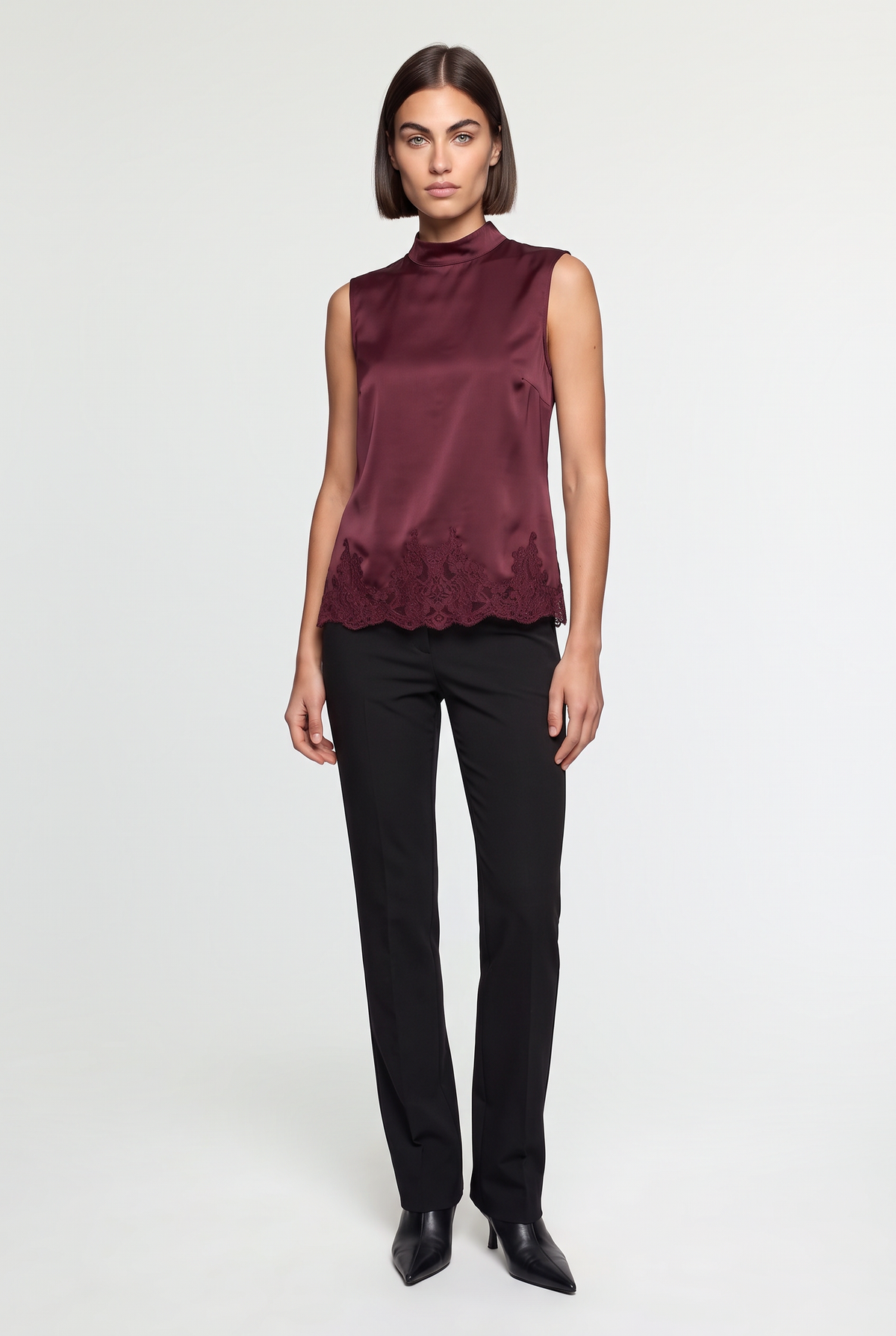 Satin Mock-Neck Top with Lace Hem - Bordeaux - front view