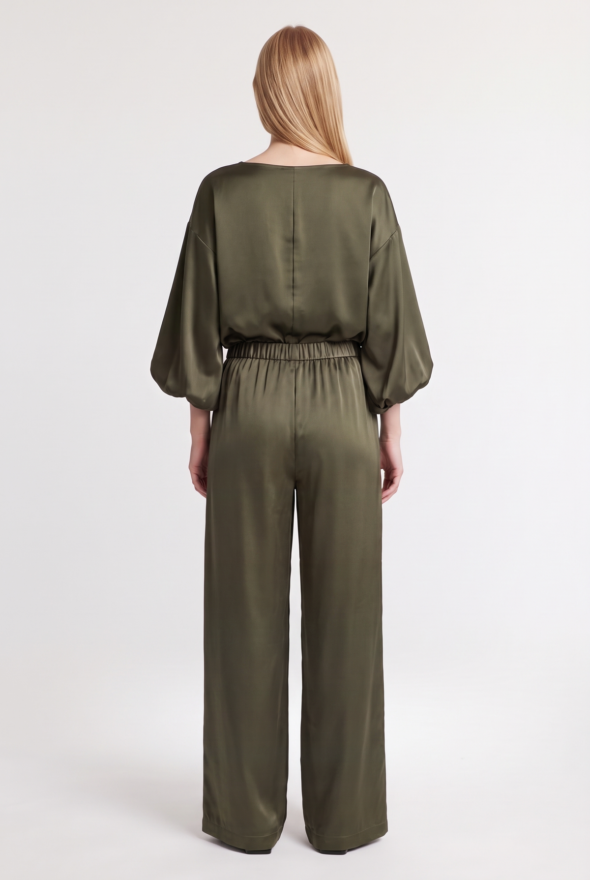 Satin Wide-Leg Pants - Military - back view