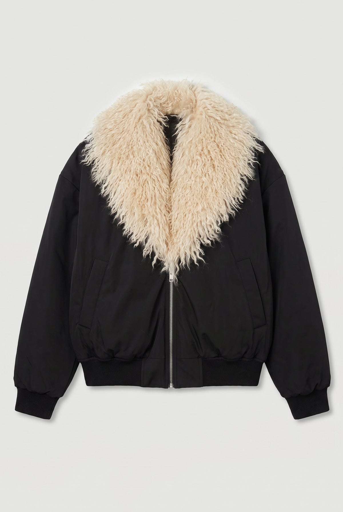 Shaggy-Collar Bomber Jacket - Black - flat lay