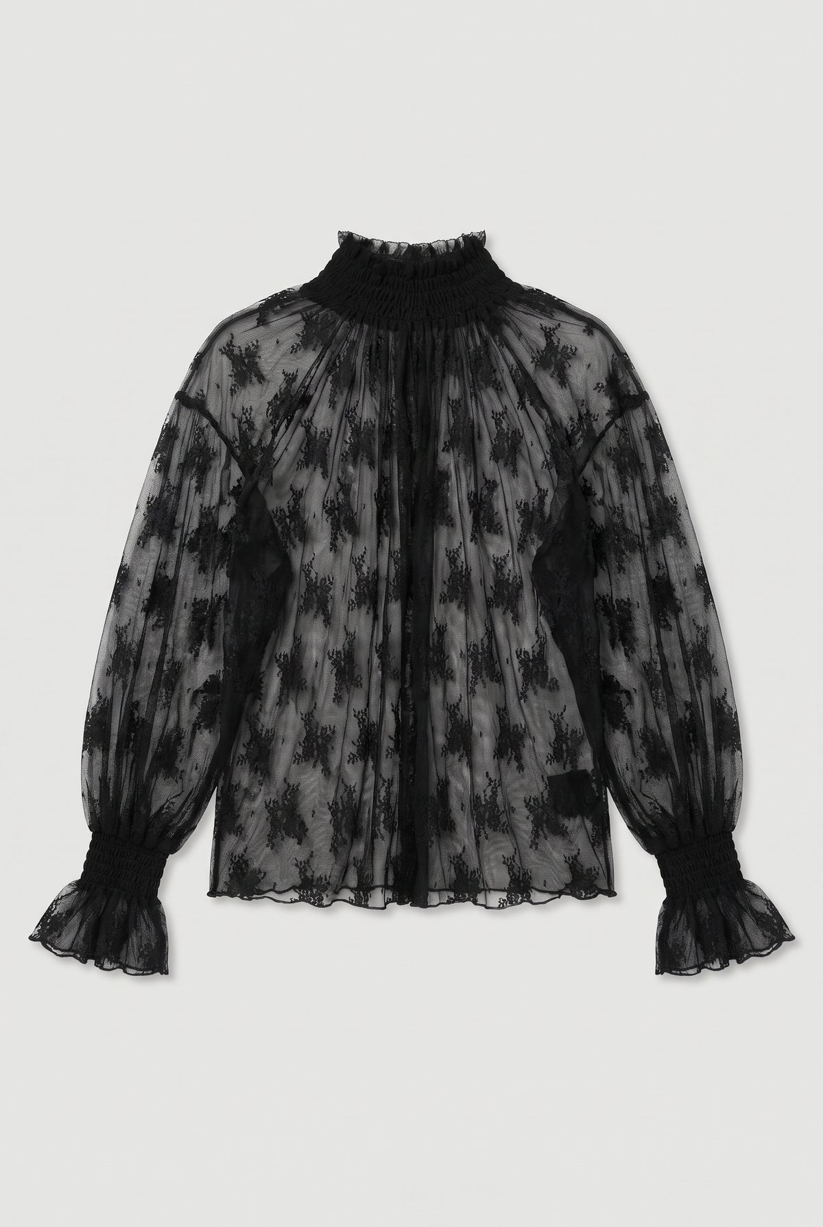 Sheer Lace High-Neck Blouse - Black - flat lay