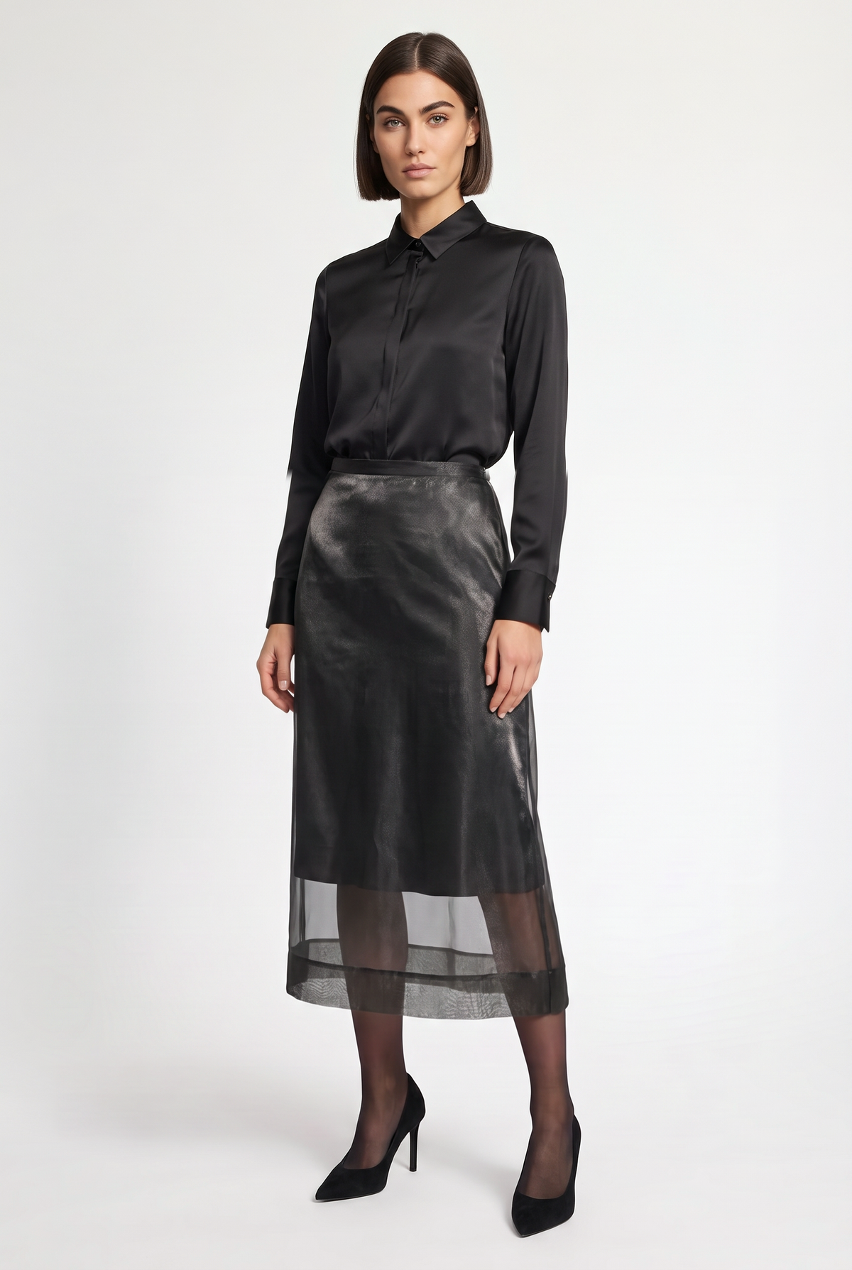 Sheer-Overlay Midi Skirt - Black - front view