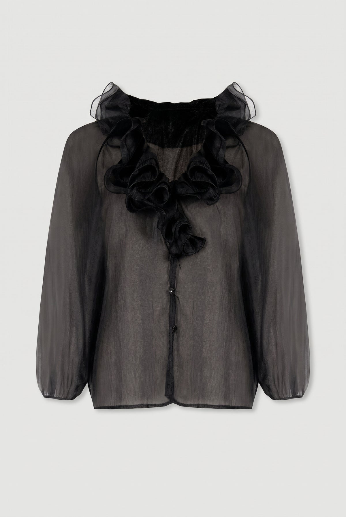 Sheer Ruffle-Collar Blouse - Black - flat lay