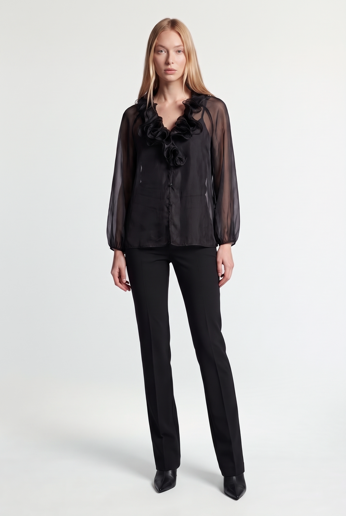 Sheer Ruffle-Collar Blouse - Black - front view