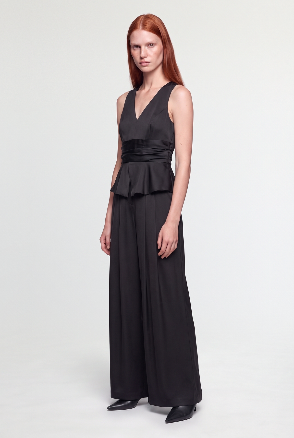 Sleeveless Pleated Wide-Leg Jumpsuit - Black - front view
