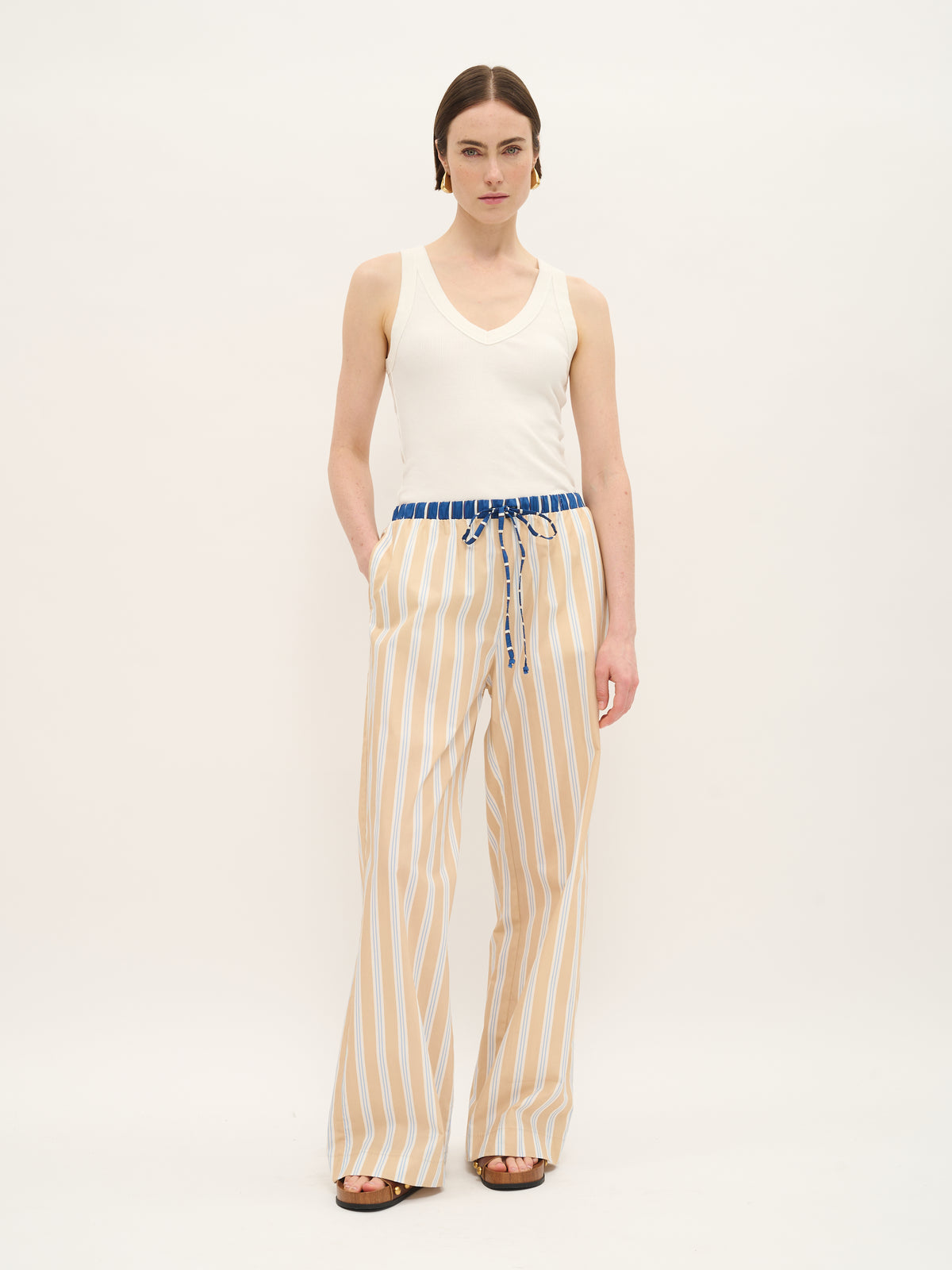 Striped Cotton Drawstring Pants with Contrast Waistband - Maska