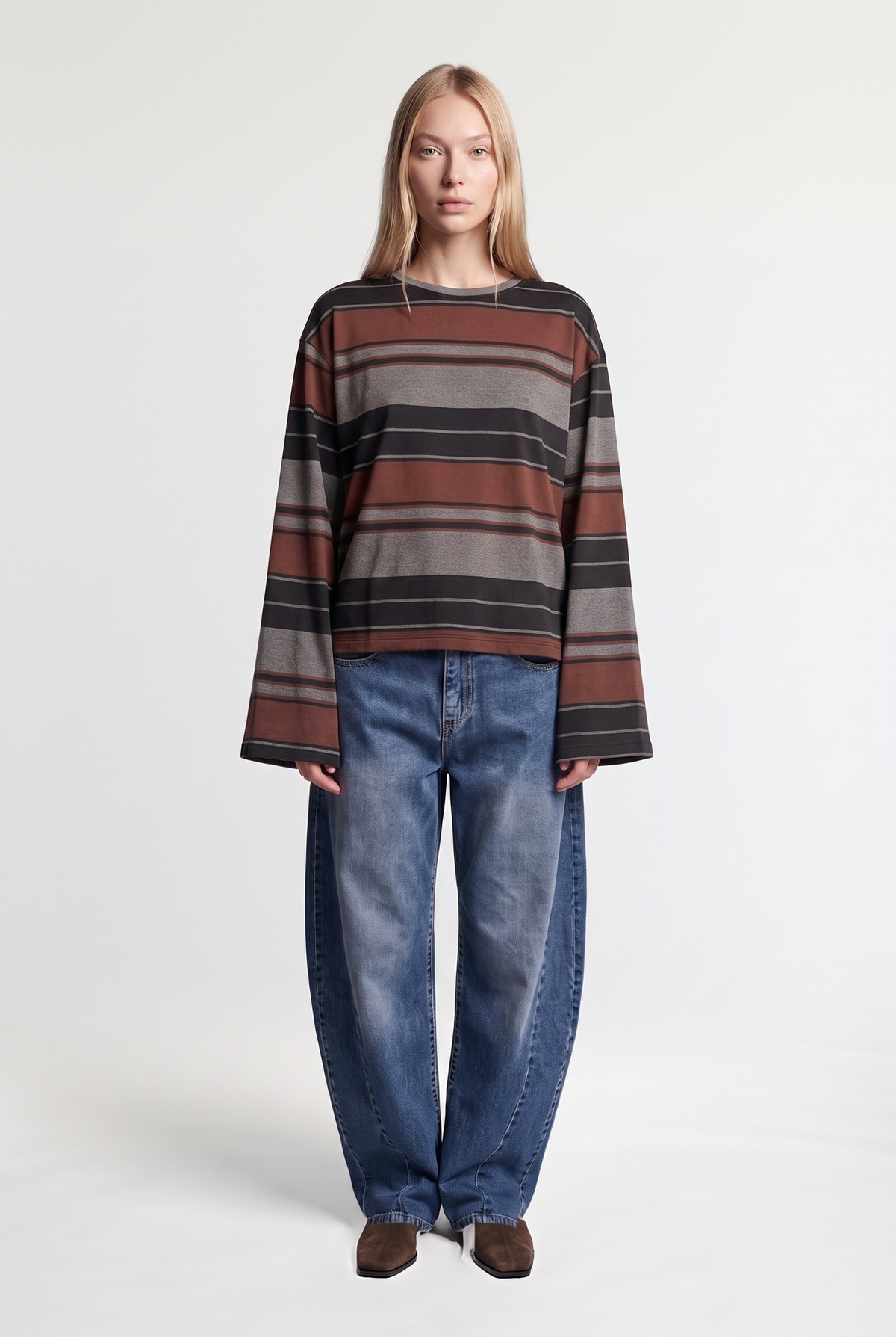 Wide-stripe long-sleeve tee - Black/Dark Brown - front view
