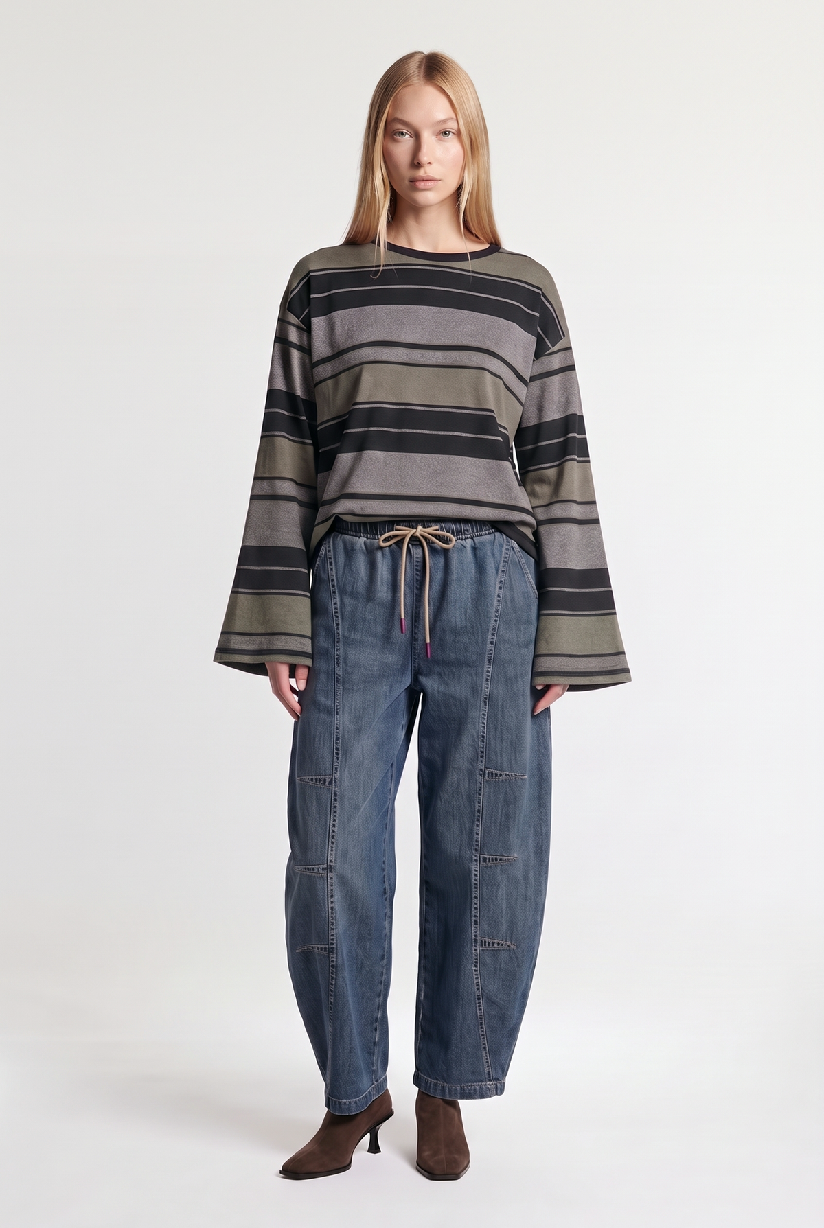 Wide-stripe long-sleeve tee - Black/Military - front view