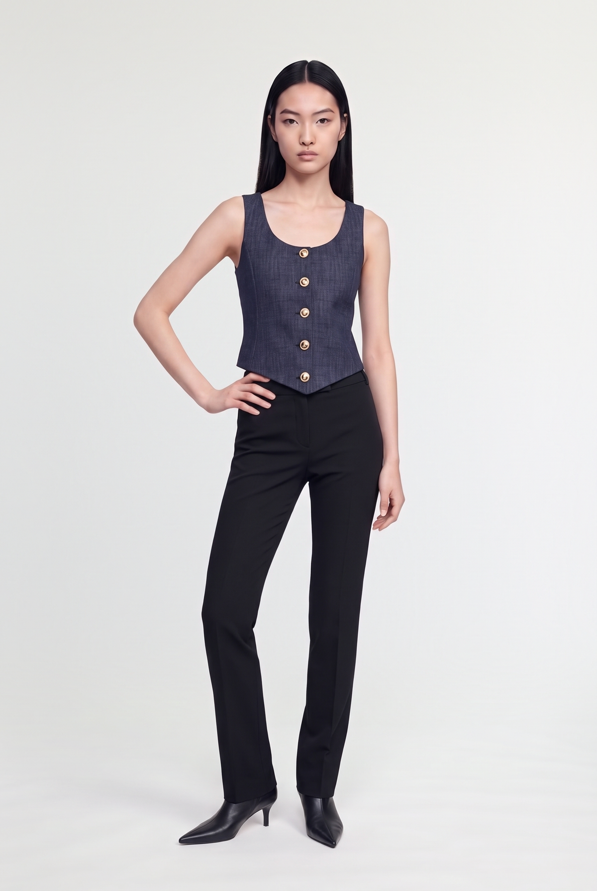 Tailored Button Vest - Navy - front view