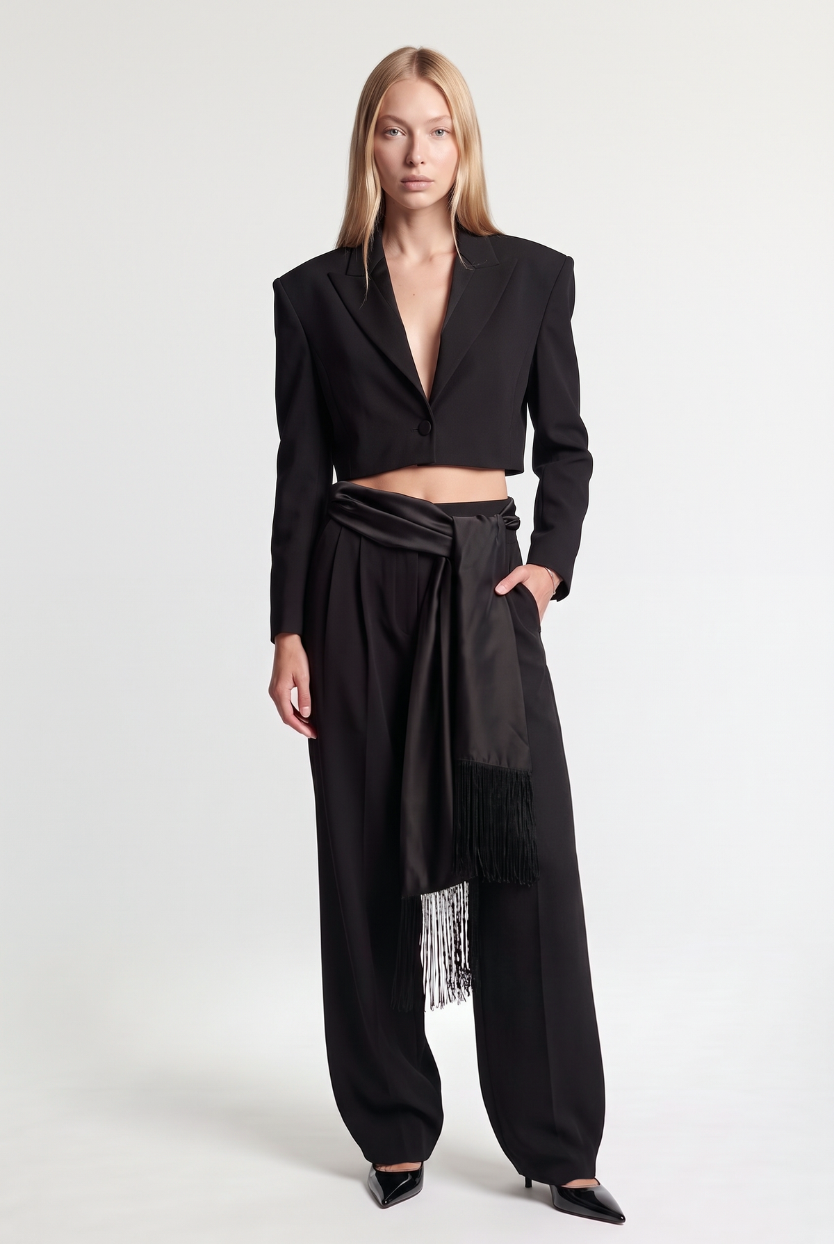Tailored trousers with a satin sash - Black - styled look, front view