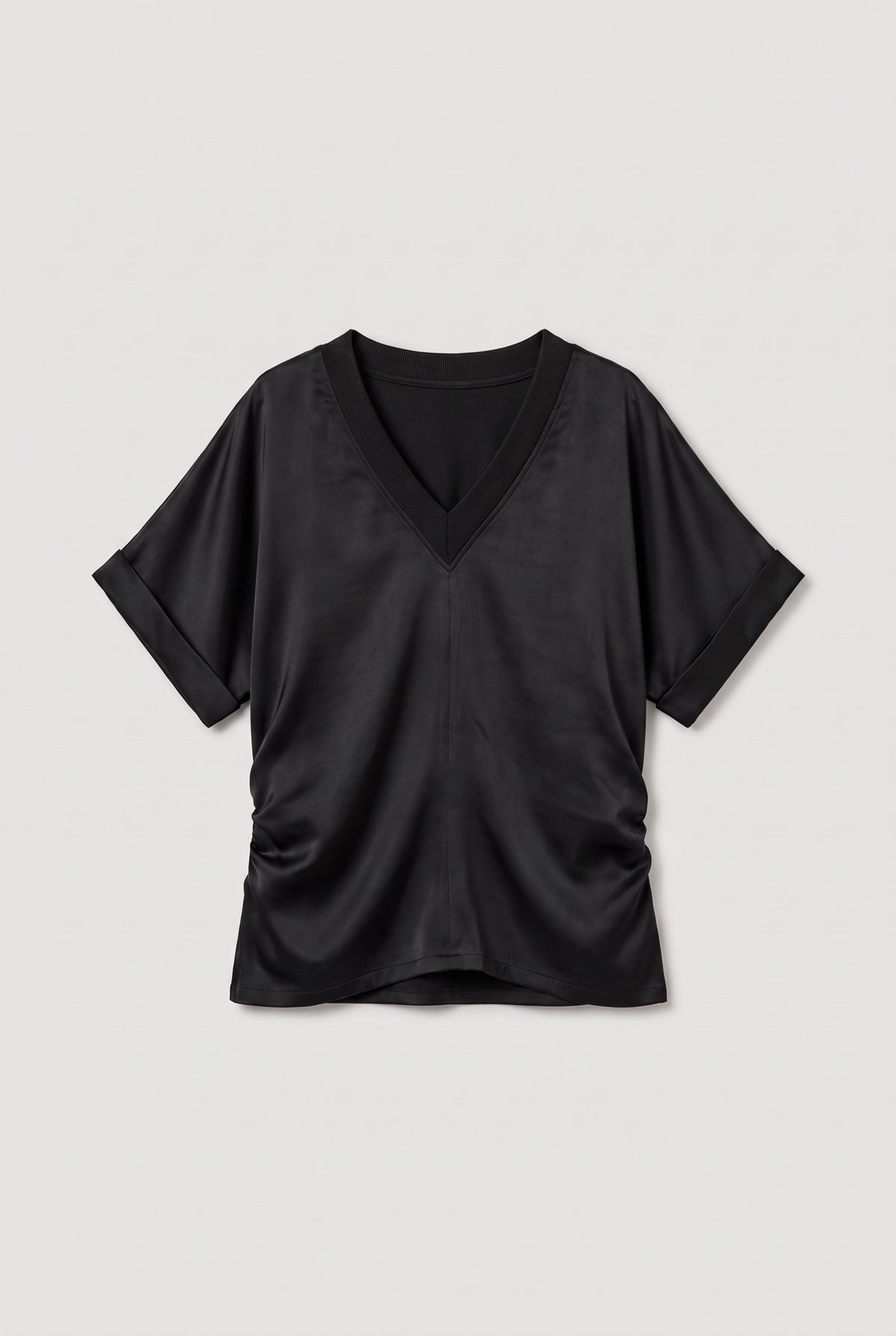 V-Neck Satin-Effect Top - Black - flat lay