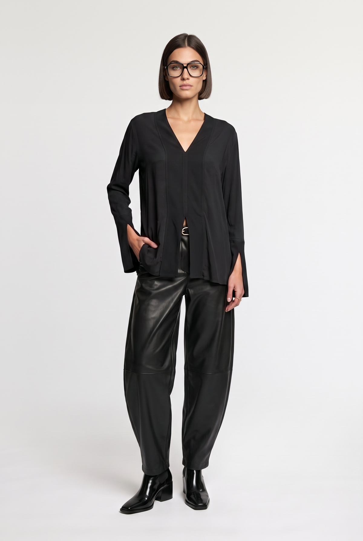 V-Neck Split-Sleeve Blouse - Black - front view