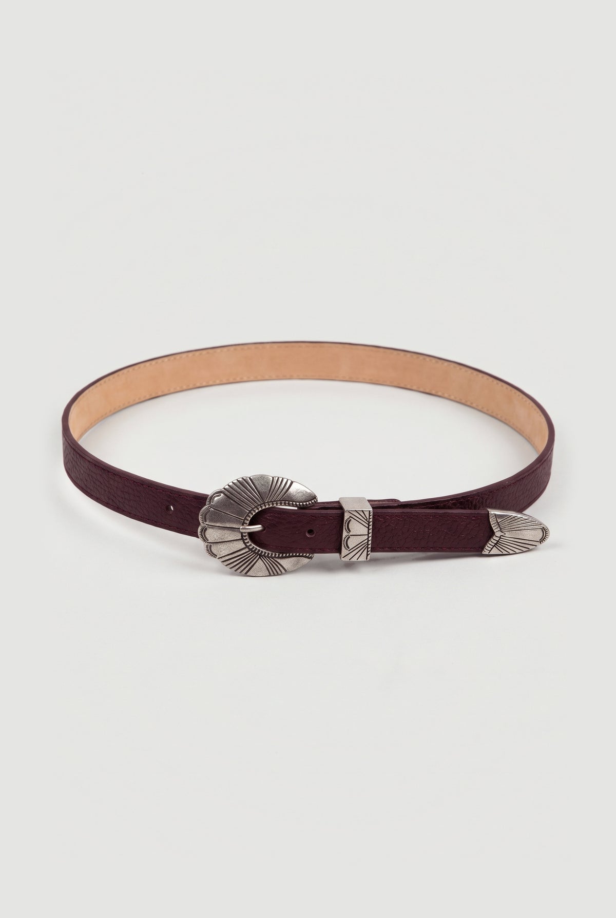 Western Engraved-Buckle Skinny Belt - Burgundy - flat lay