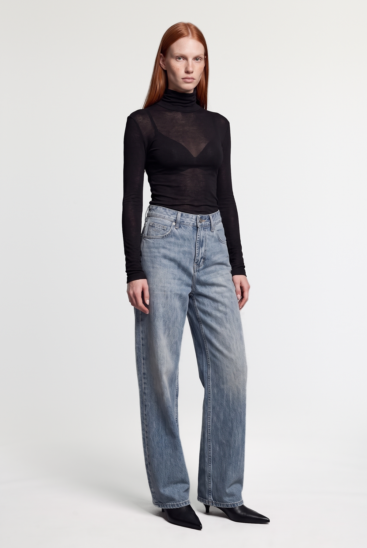 Wide-Leg Jeans with Faux-Leather Back Pockets - Blue Denim - front view
