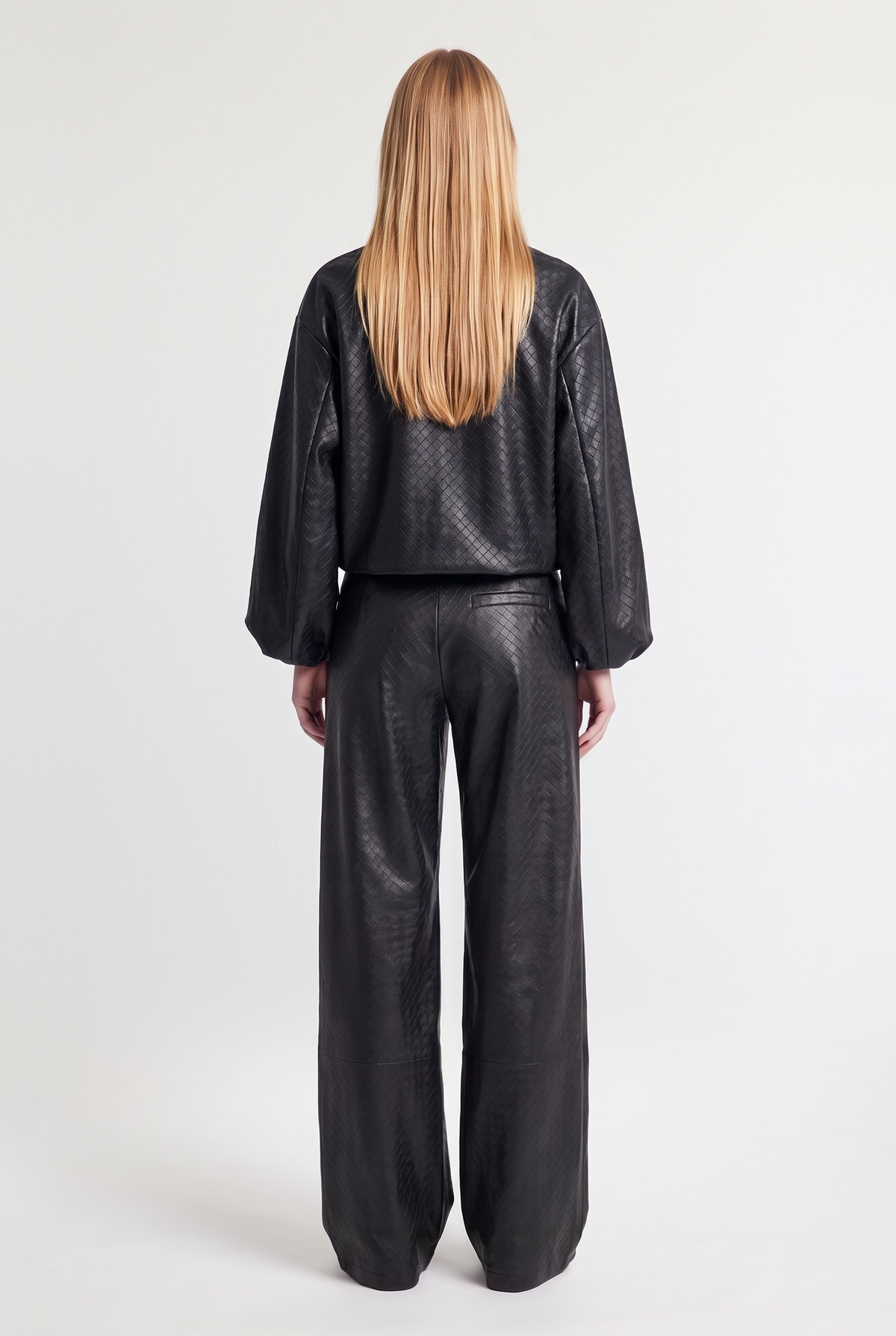 Woven-Effect Leather Jacket - Black - back view