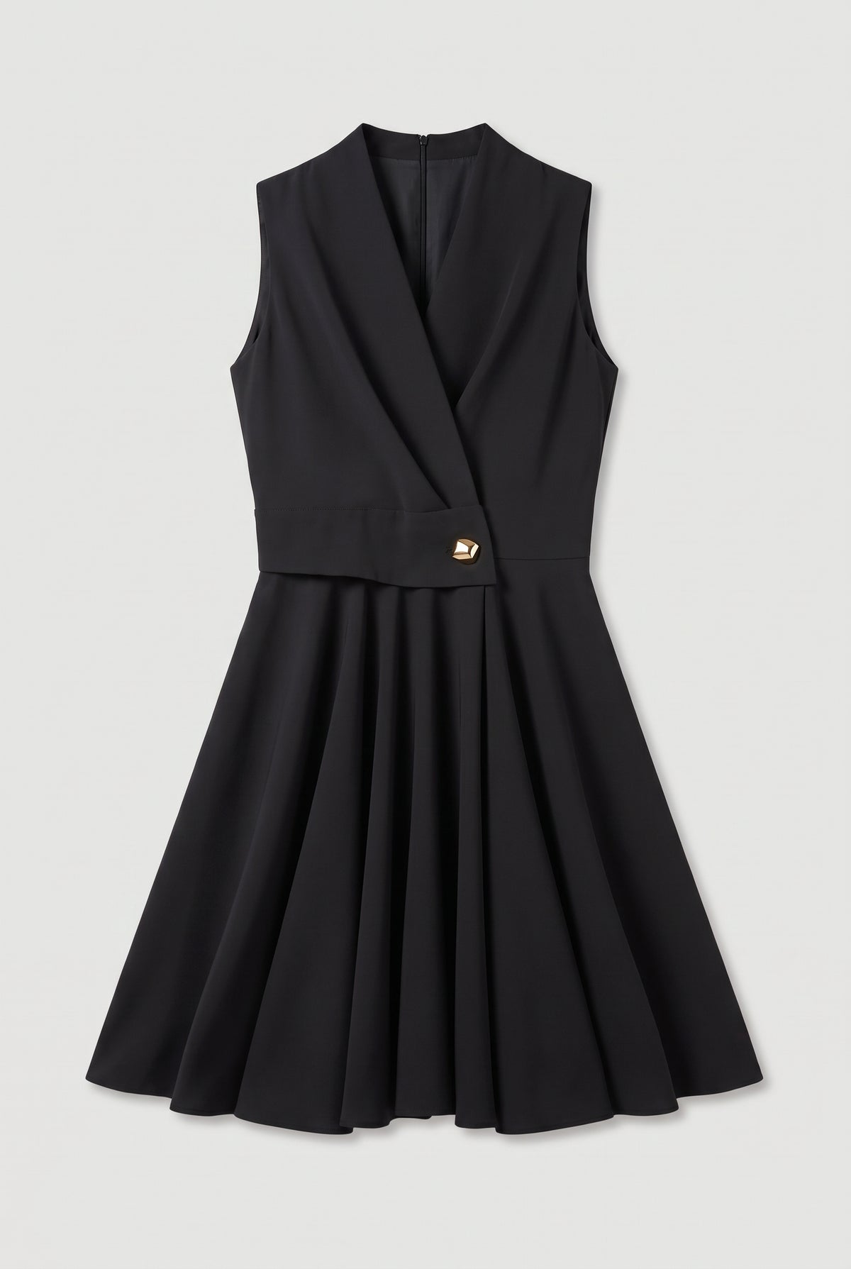 Wrap-Collar Fit-and-Flare Dress - Black - flat lay