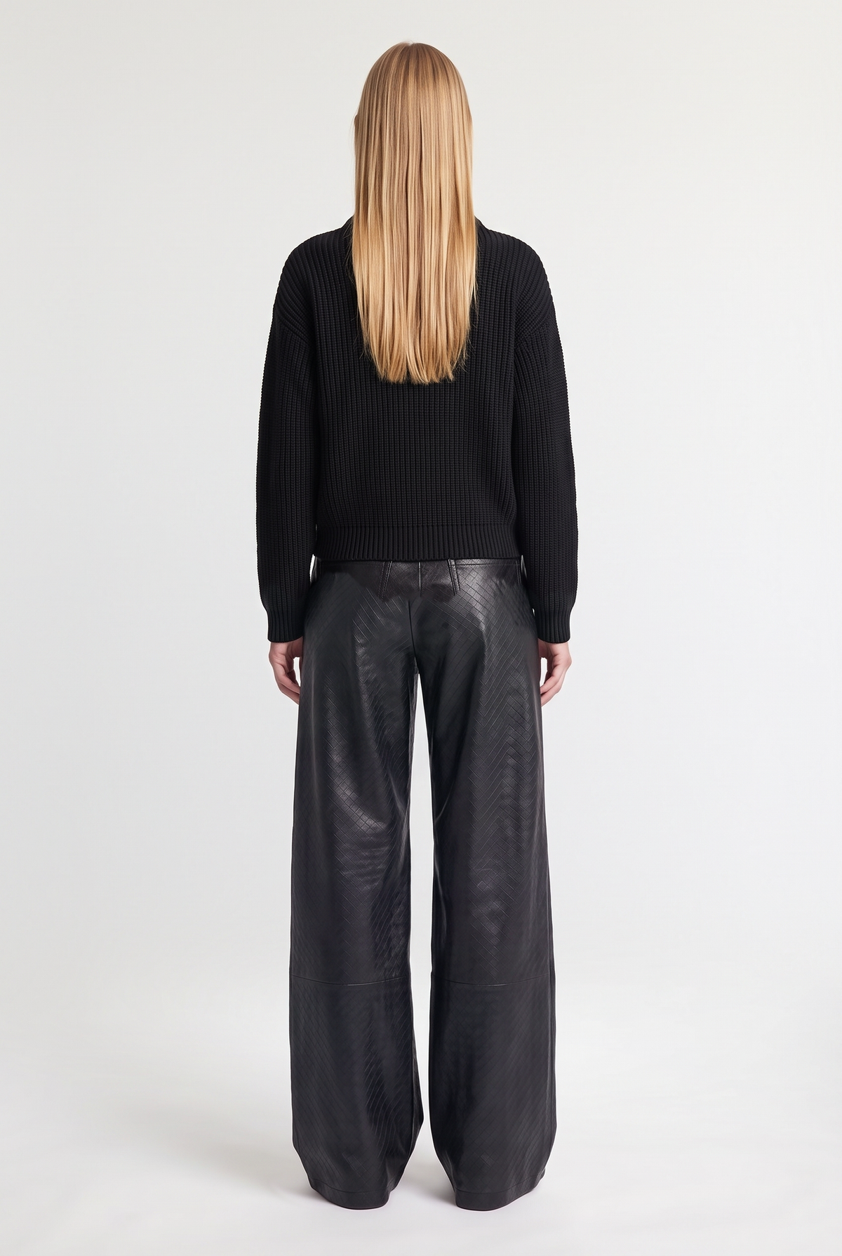 Zip-Up Funnel Neck Knit Sweater - Black - back view
