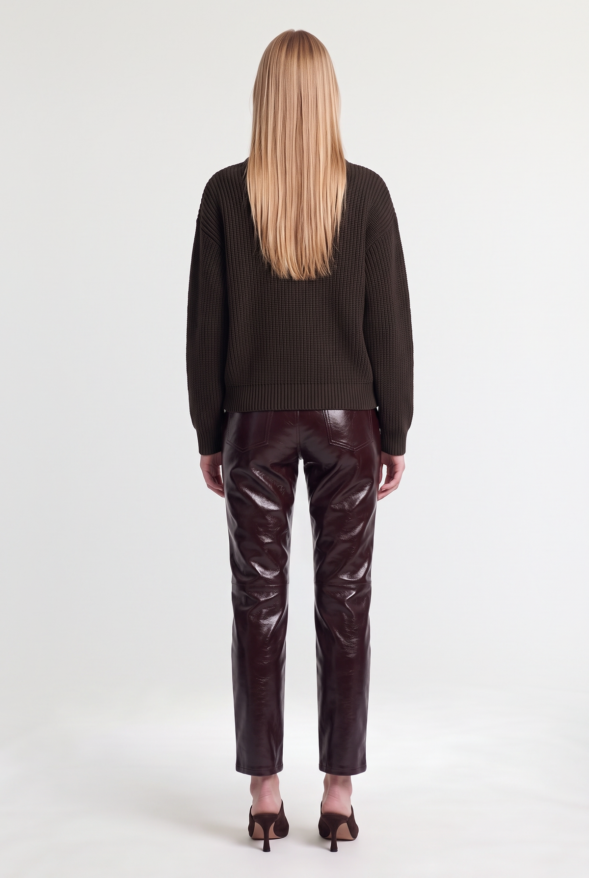 Zip-Up Funnel Neck Knit Sweater - Brown - back view