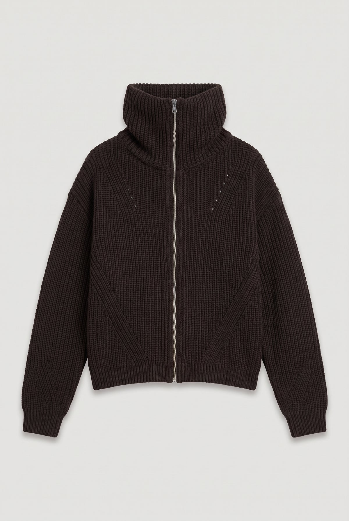 Zip-Up Funnel Neck Knit Sweater - Brown - flat lay