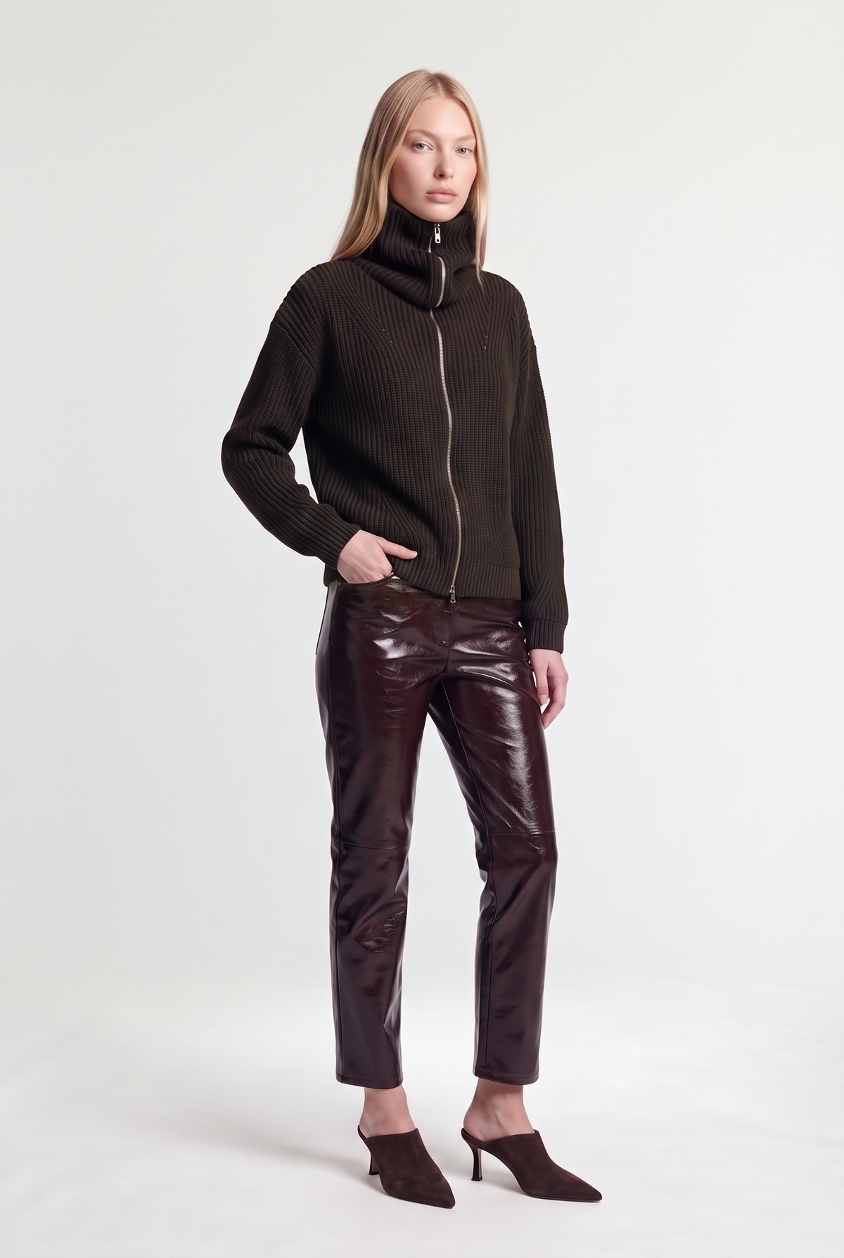 Zip-Up Funnel Neck Knit Sweater - Brown - front view