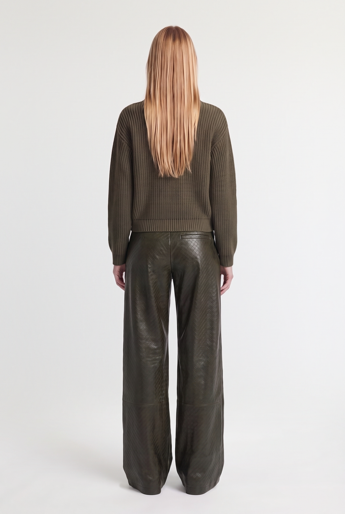 Zip-Up Funnel Neck Knit Sweater - Green - back view