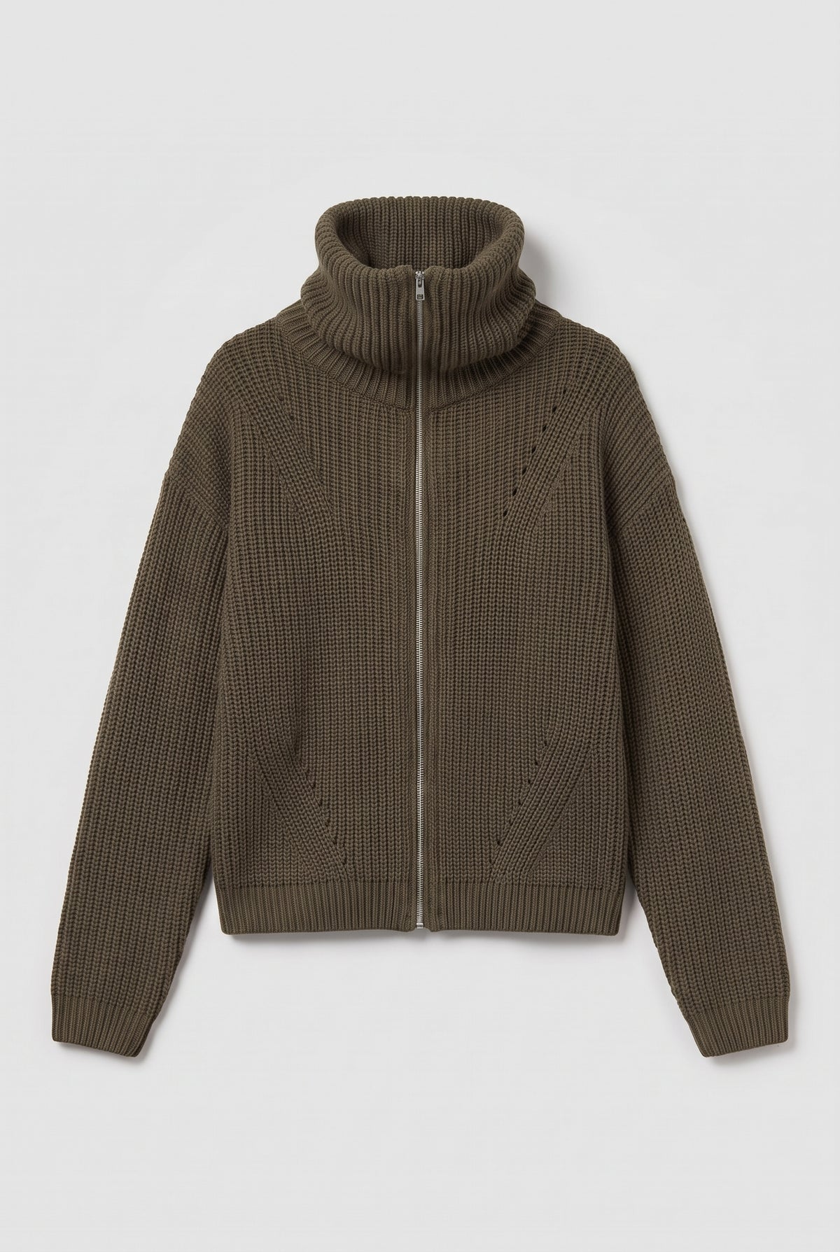 Zip-Up Funnel Neck Knit Sweater - Green - flat lay